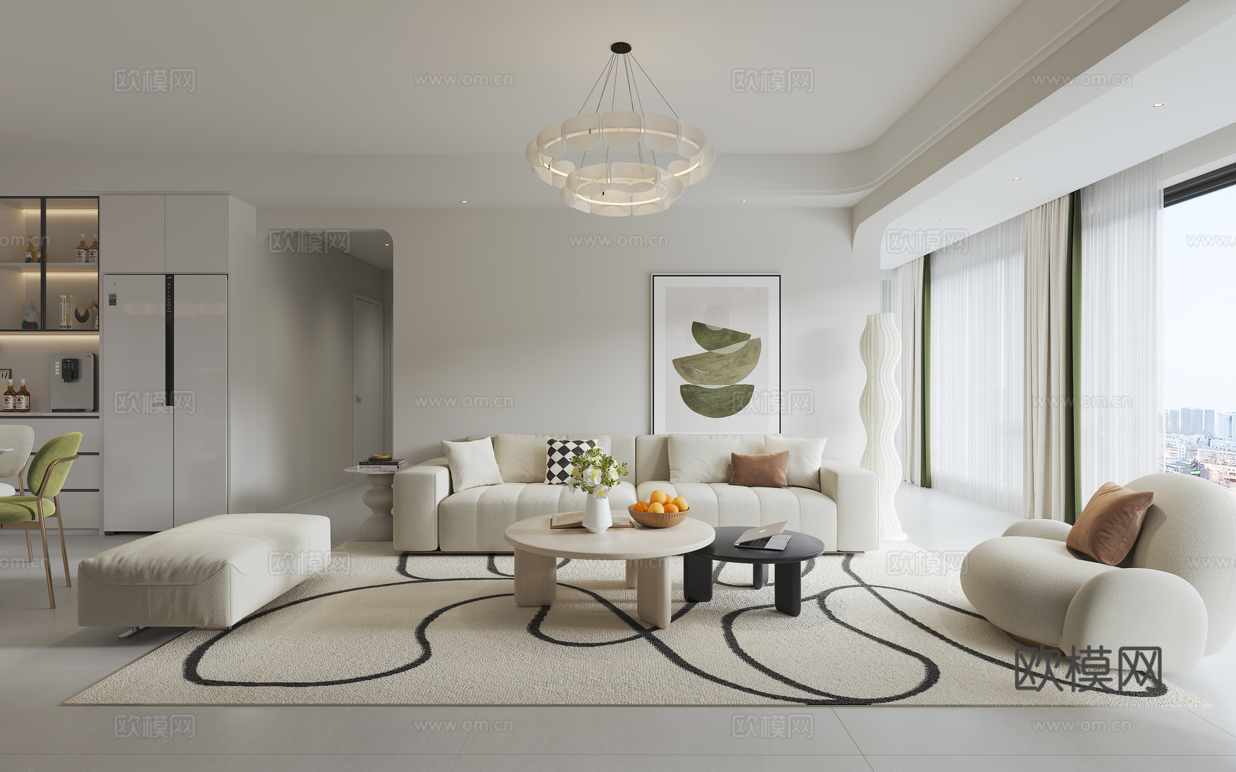 奶油风客餐厅3d模型下载（渲染图1）