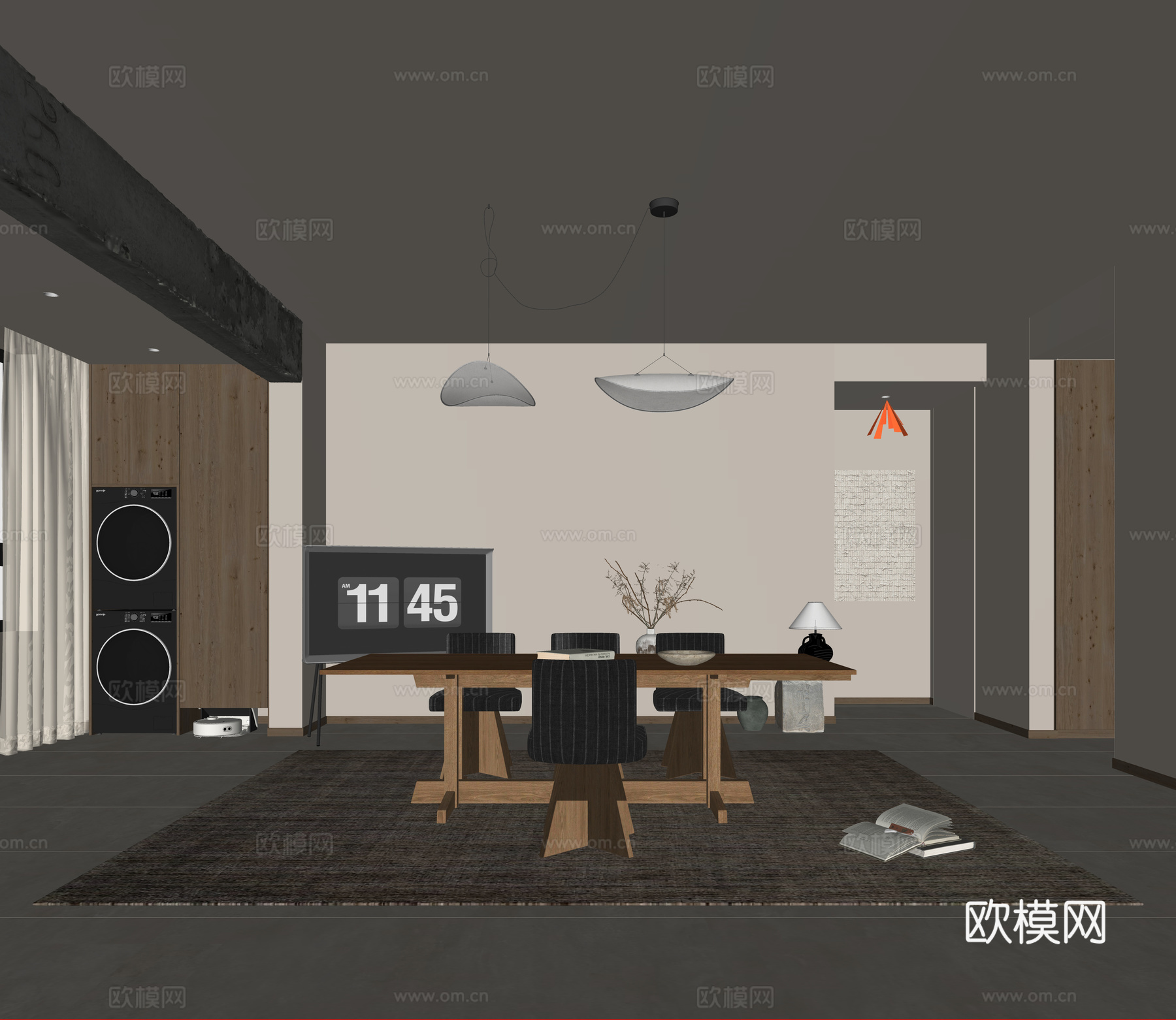 侘寂风餐厅 开放式餐厅 别墅餐厅 实木餐桌椅 可移动电视su模型