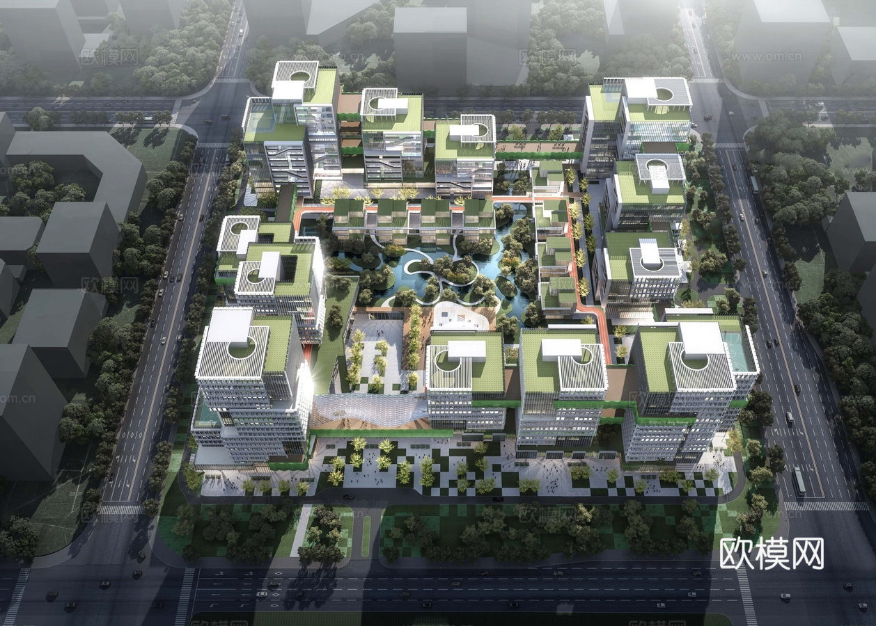 现代产业园 方形 空中绿化su模型