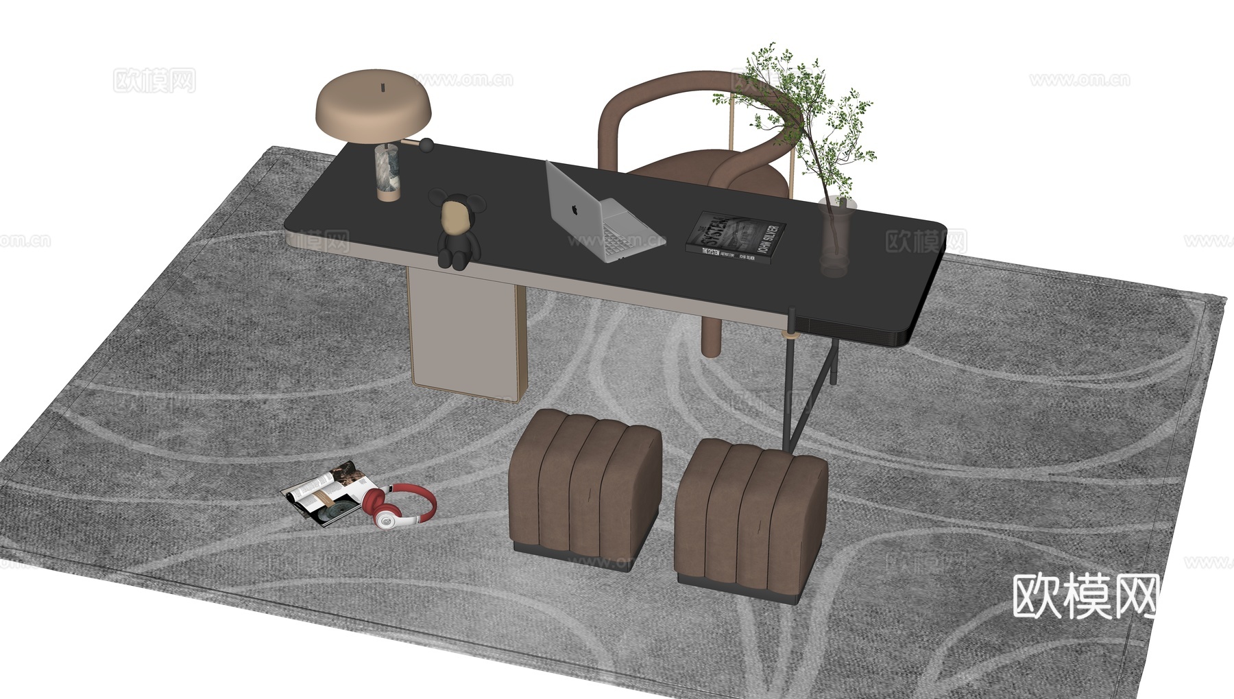 现代书桌椅 工作桌 书柜 摆件 书房su模型