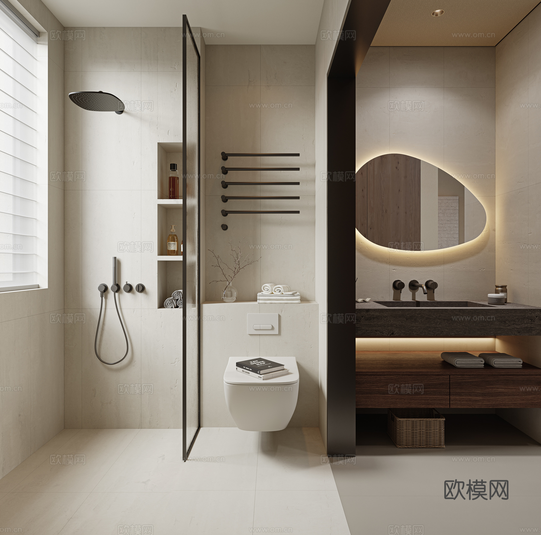 侘寂风卫生间 淋浴花洒 洗手盆 洞石台盆 浴室镜柜 壁挂马桶su模型