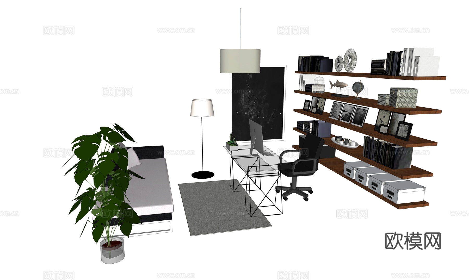 现代书桌椅 工作桌 书柜 摆件 书房su模型