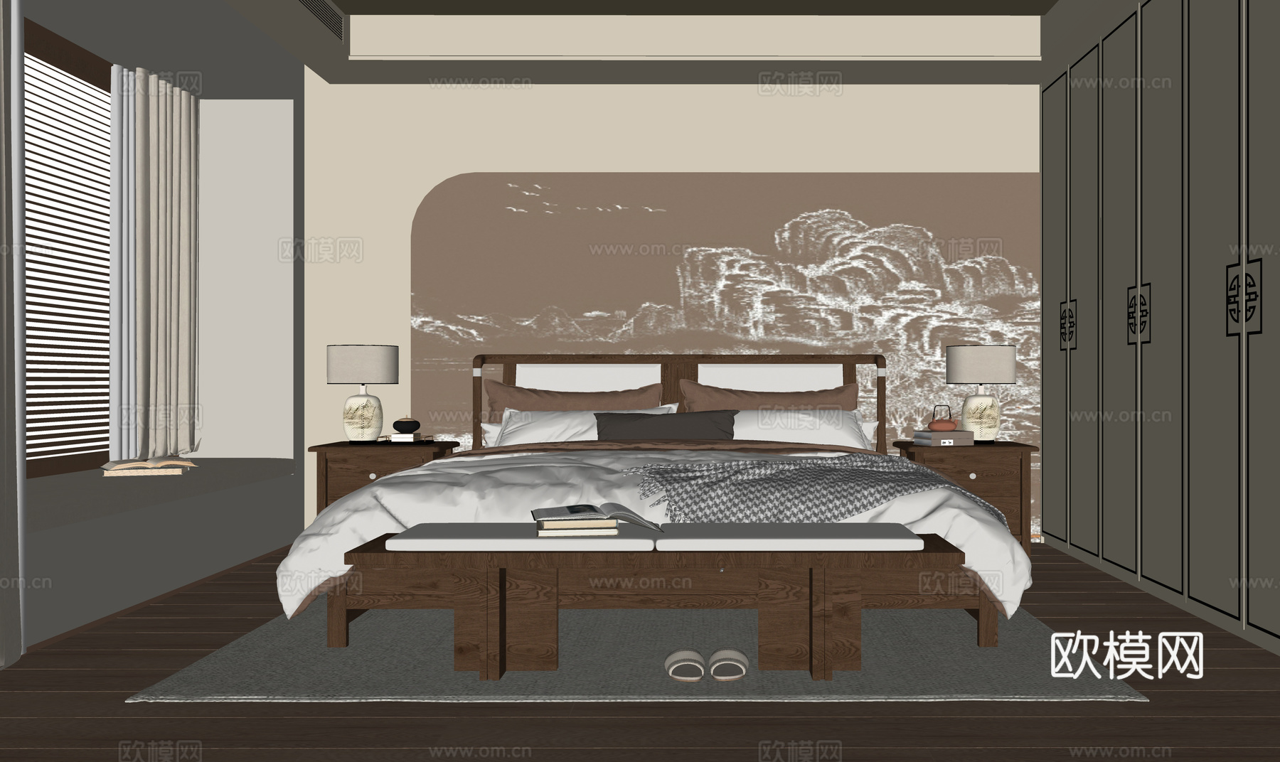 新中式卧室 双人床su模型