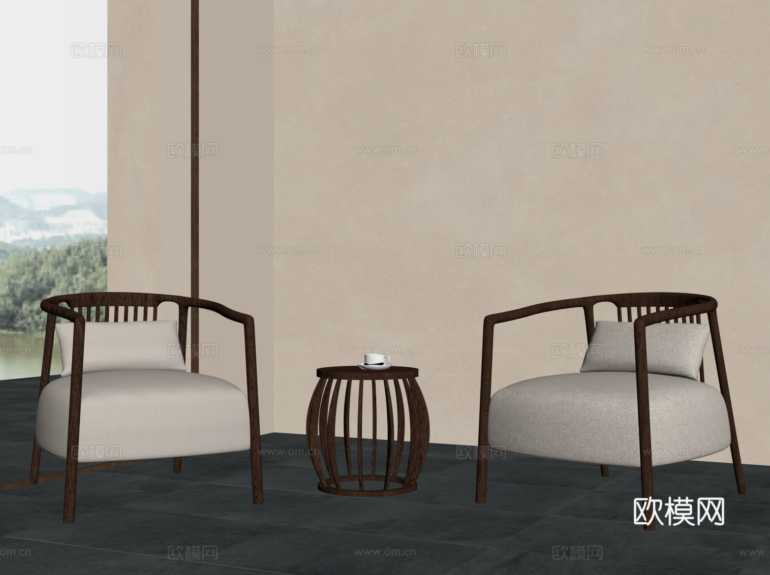 新中式休闲椅 洽谈桌椅 单人沙发su模型