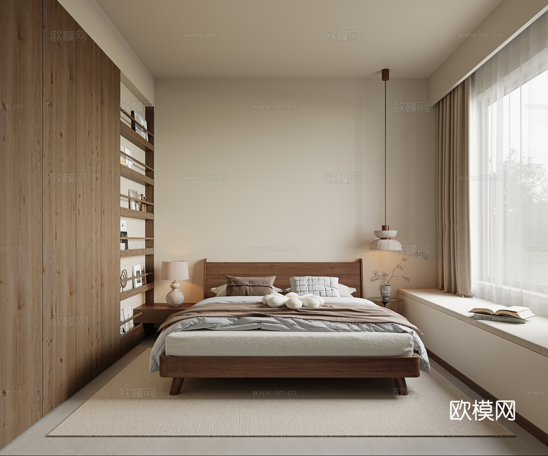 侘寂风卧室 实木双人床 长辈房 老人床 床头边几 床头吊灯su模型