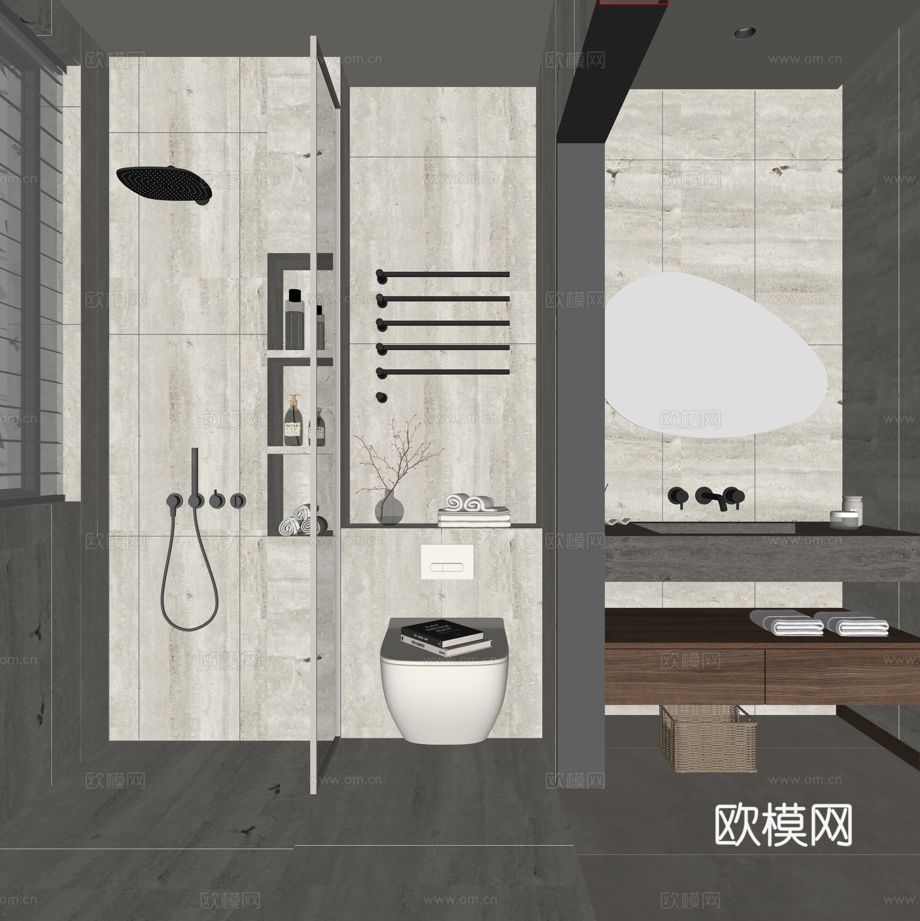 侘寂风卫生间 淋浴花洒 洗手盆 洞石台盆 浴室镜柜 壁挂马桶su模型