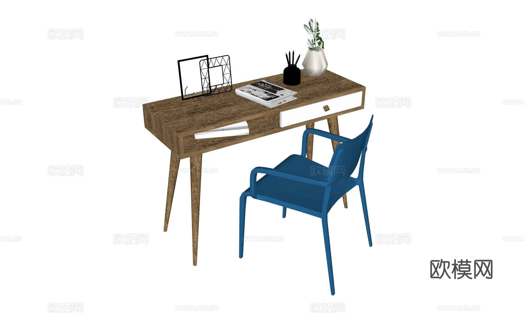 现代书桌椅 工作桌 书柜 摆件 书房su模型
