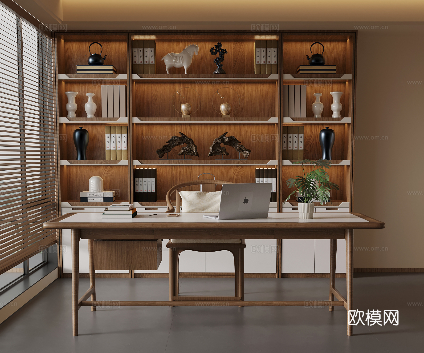 新中式书房 书桌椅 书柜su模型
