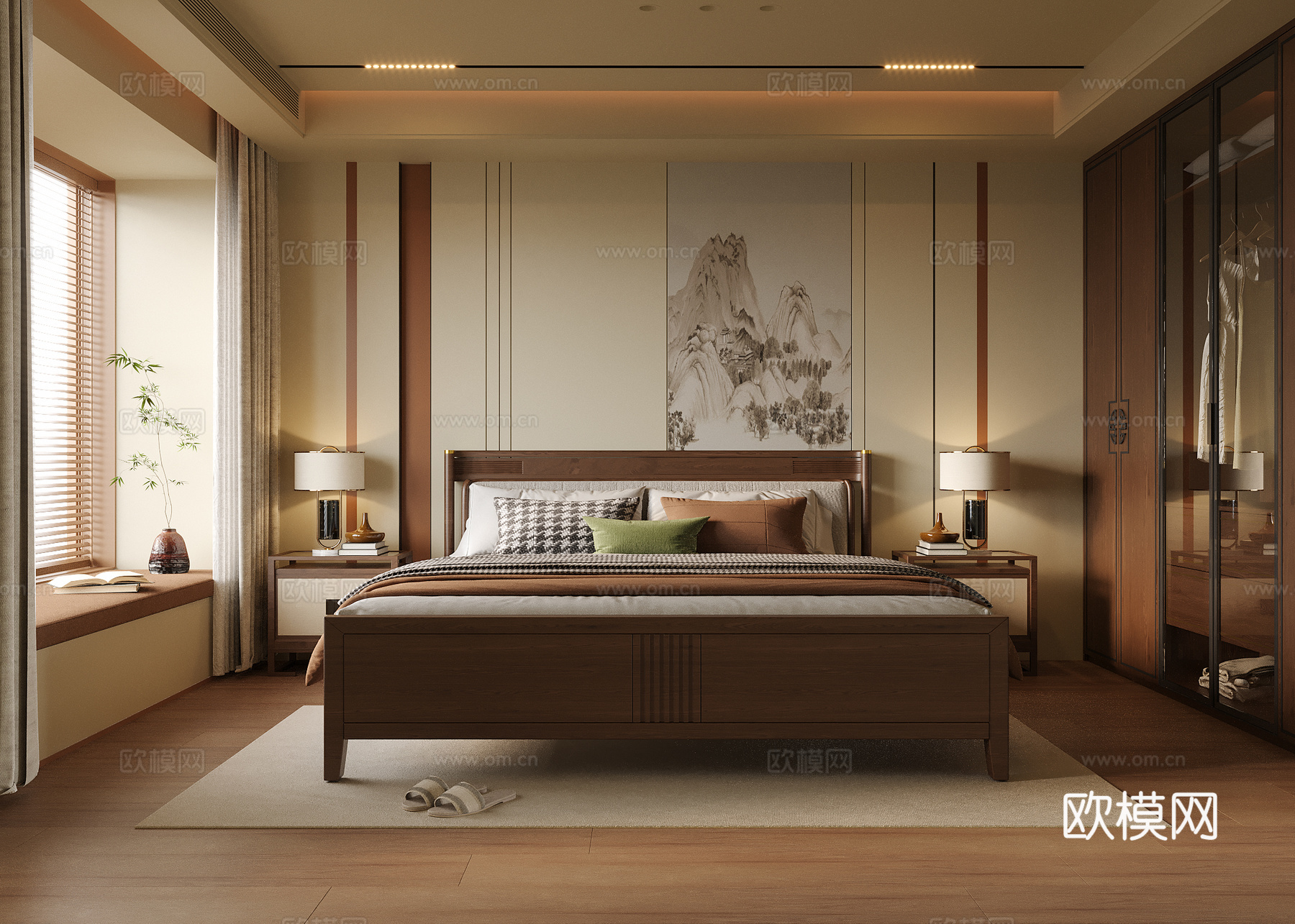 新中式卧室 双人床su模型