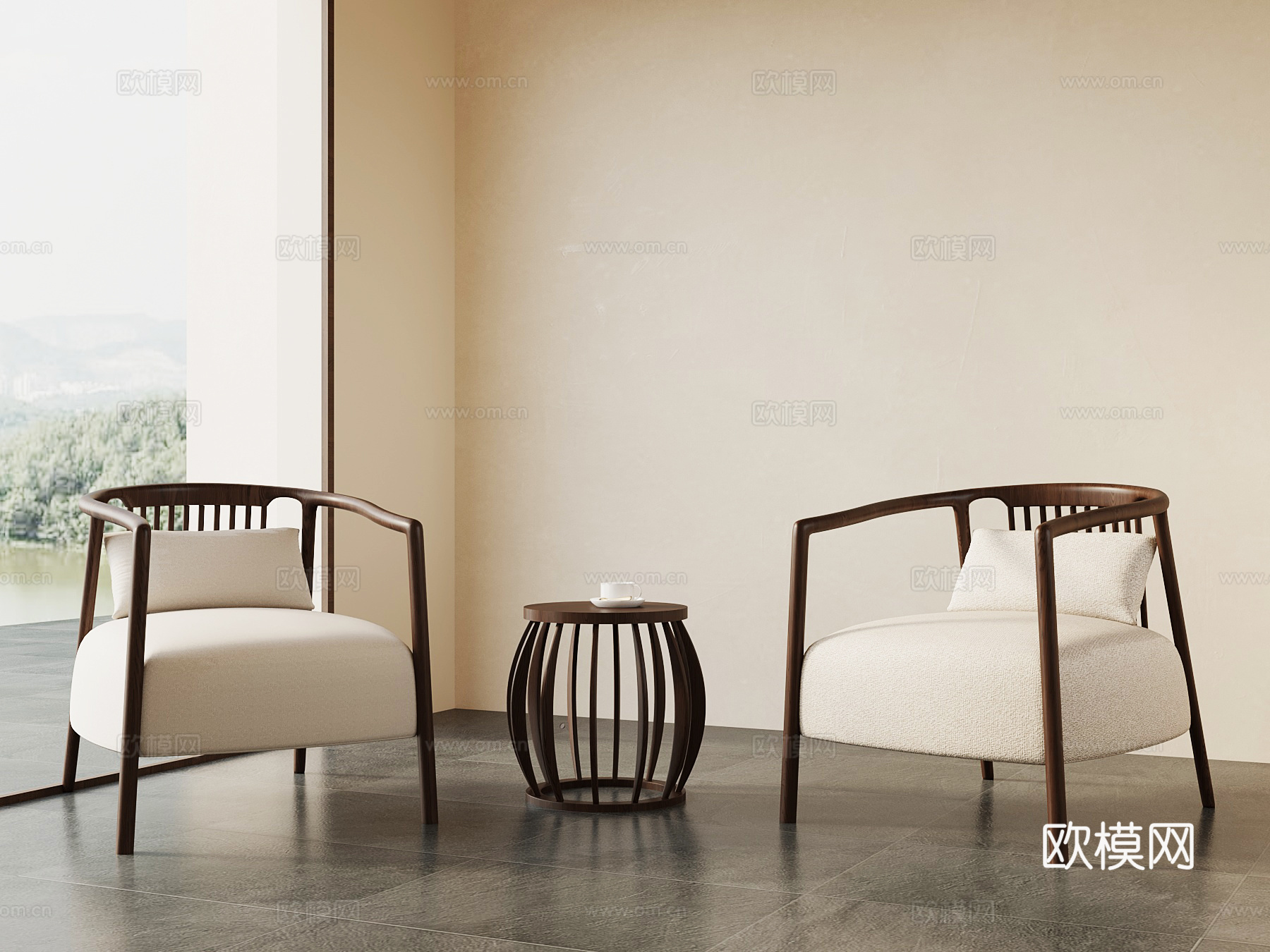 新中式休闲椅 洽谈桌椅 单人沙发su模型