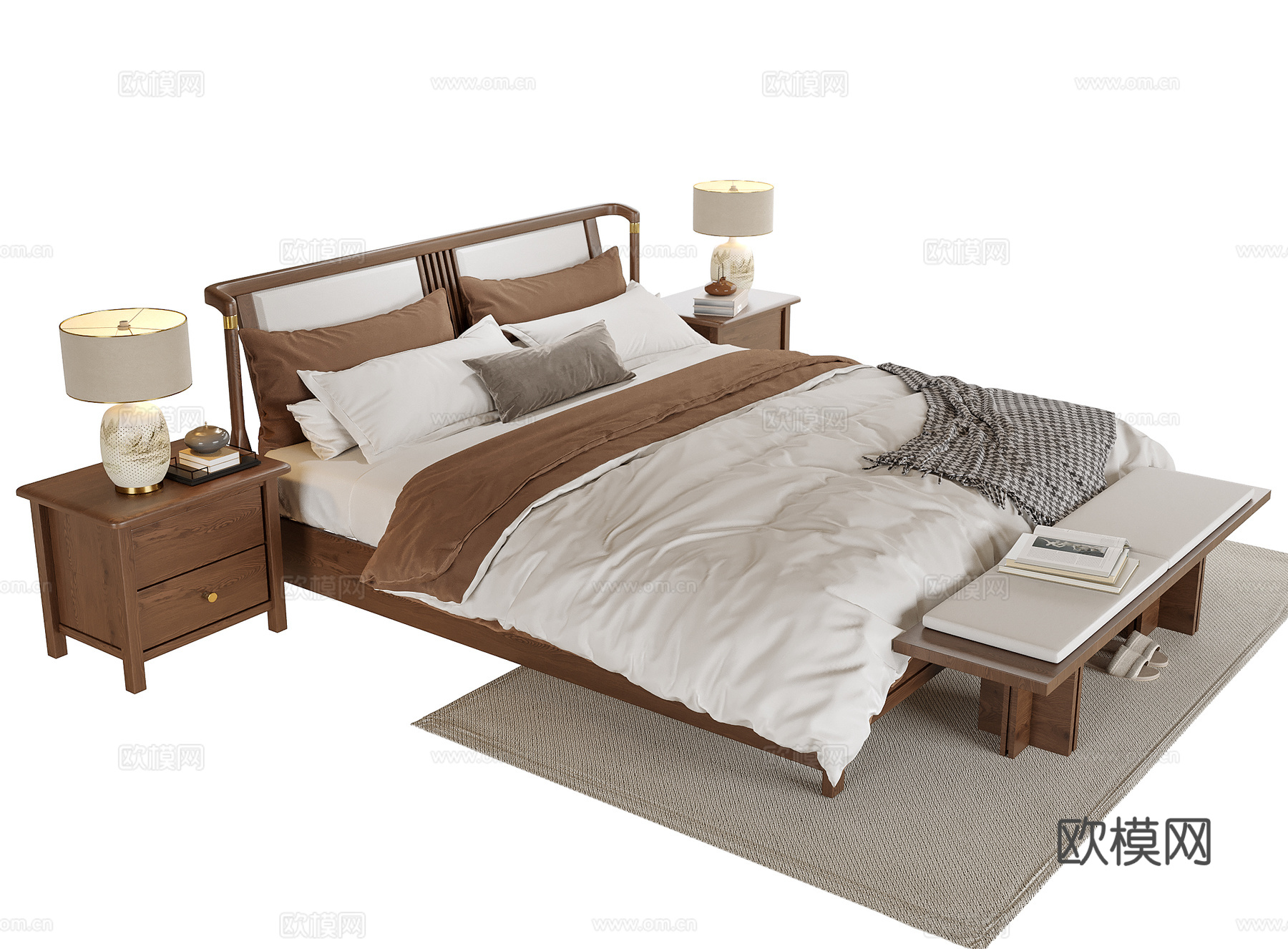 新中式卧室 双人床 床尾凳su模型