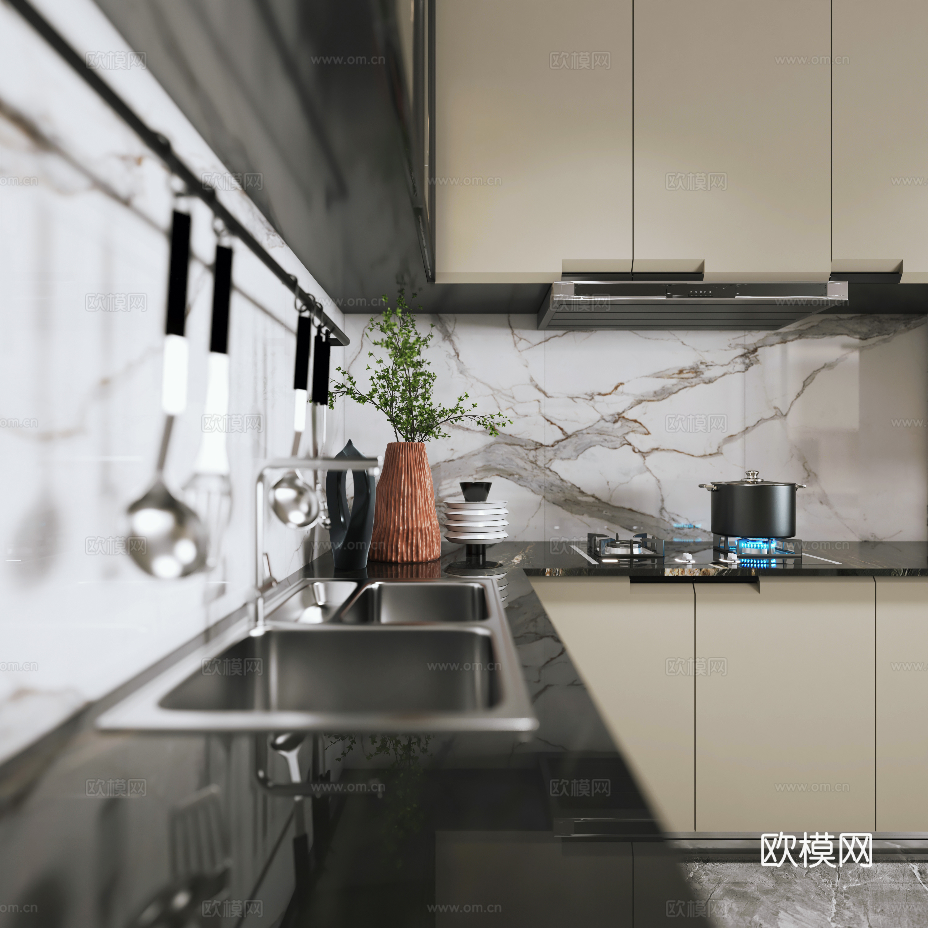 意式客餐厅厨房玄关3d模型下载（渲染图8）