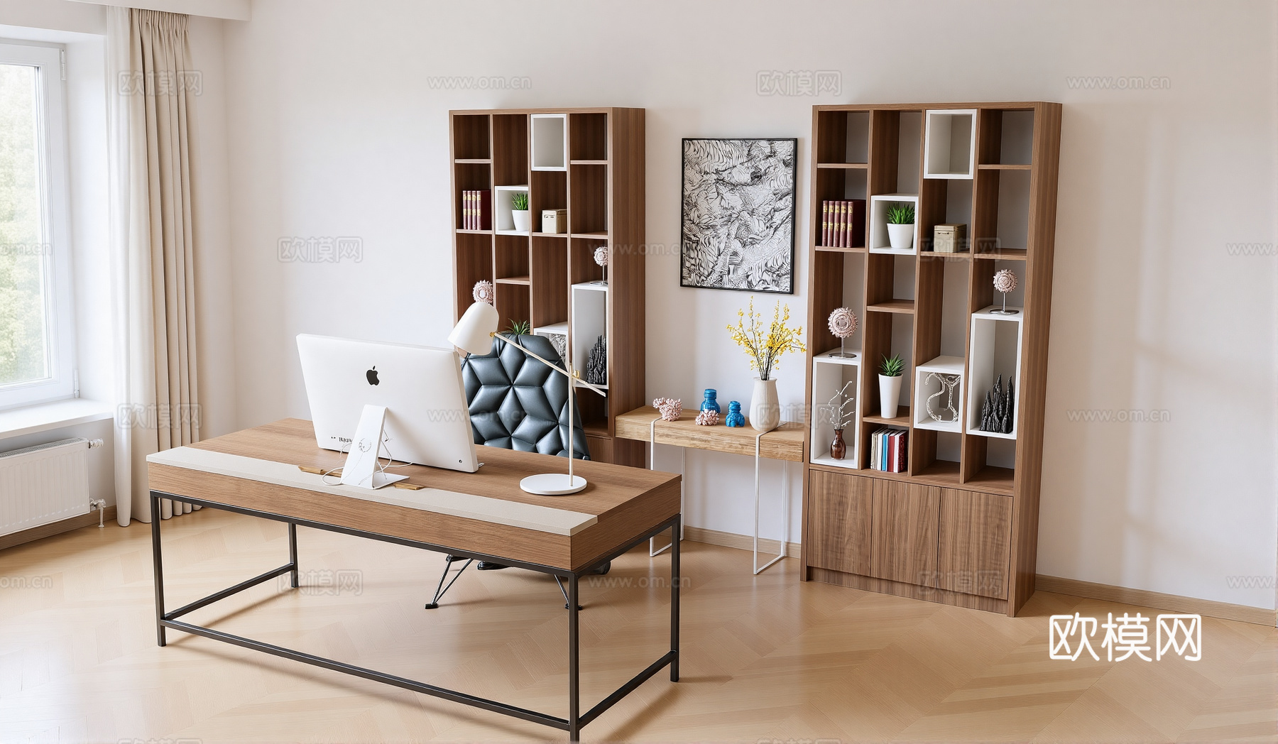 现代书桌 工作桌 书柜 摆件 书房su模型