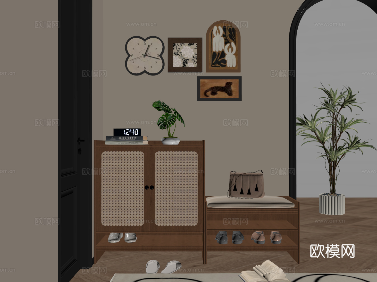 侘寂中古矮鞋柜 藤编鞋柜 换鞋凳su模型