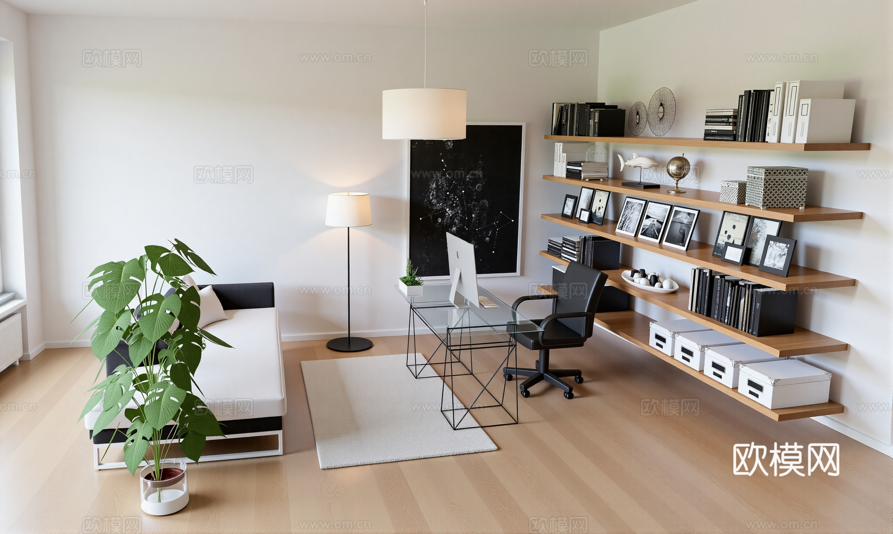 现代书桌椅 工作桌 书柜 摆件 书房su模型