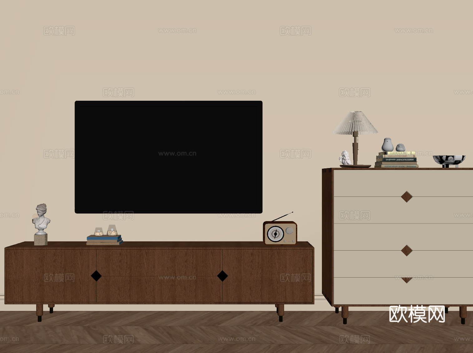中古风电视柜 边柜 矮柜su模型