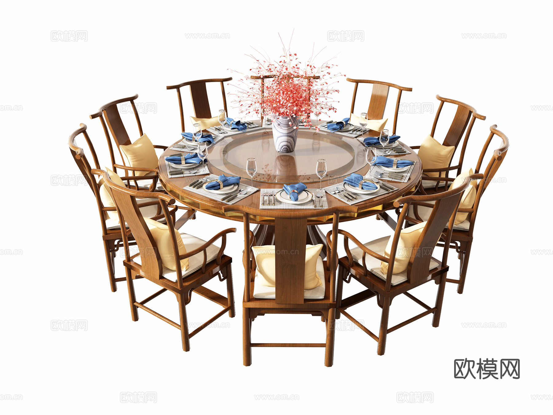 中式包间圆餐桌椅组合3d模型下载