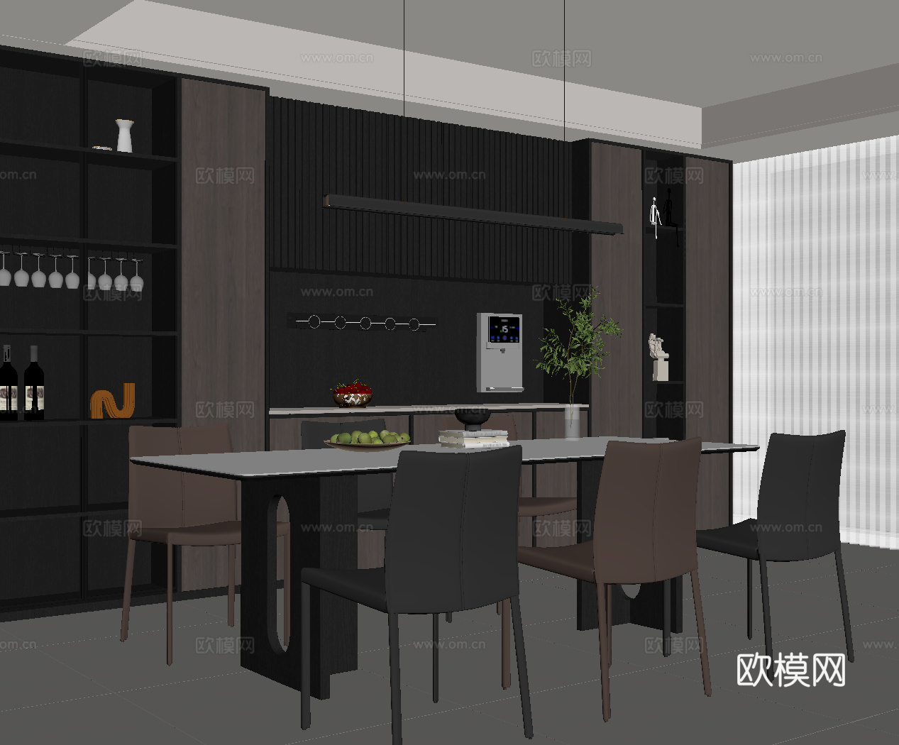 现代意式餐厅 餐桌椅 意式酒柜su模型