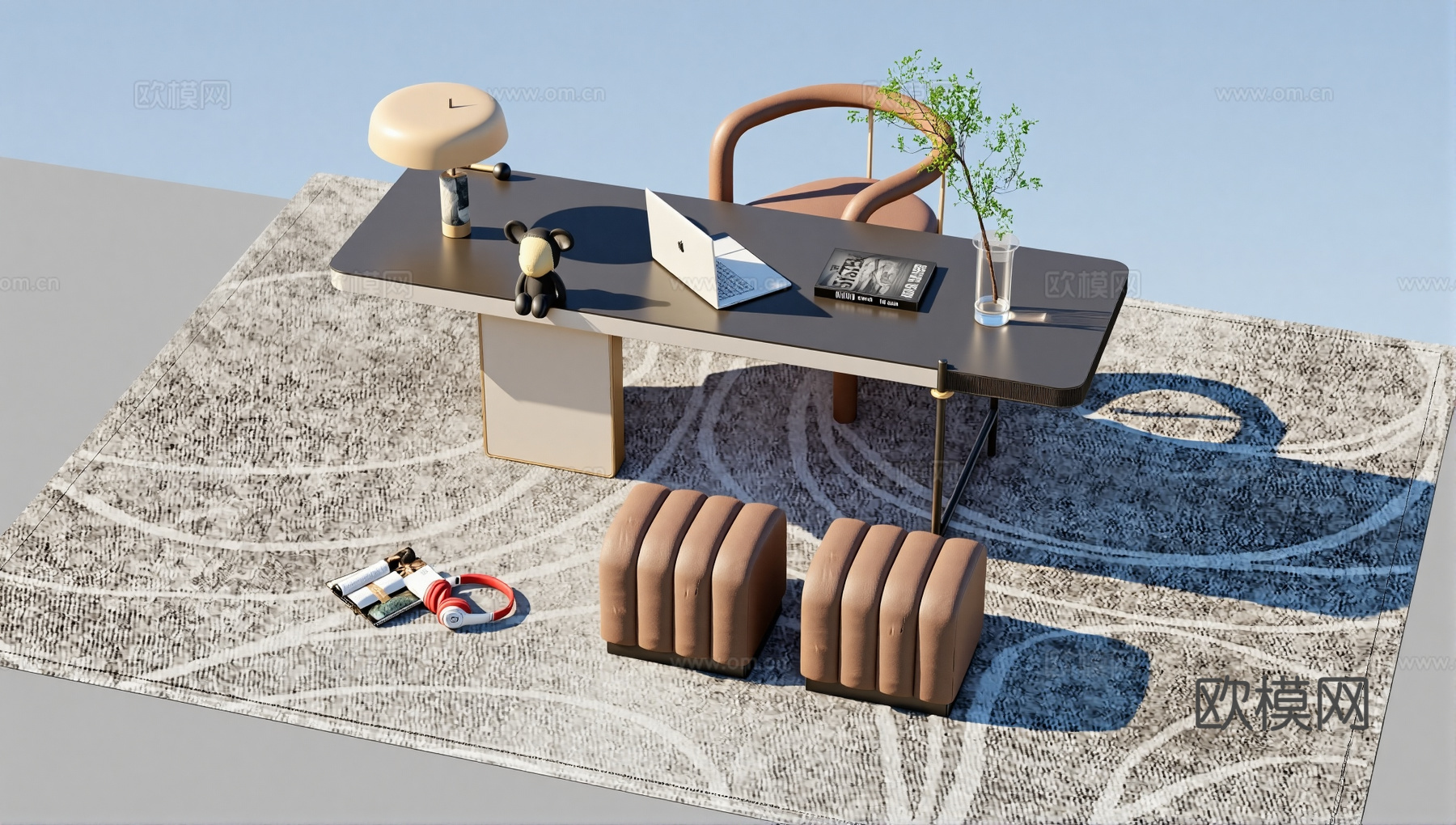 现代书桌椅 工作桌 书柜 摆件 书房su模型