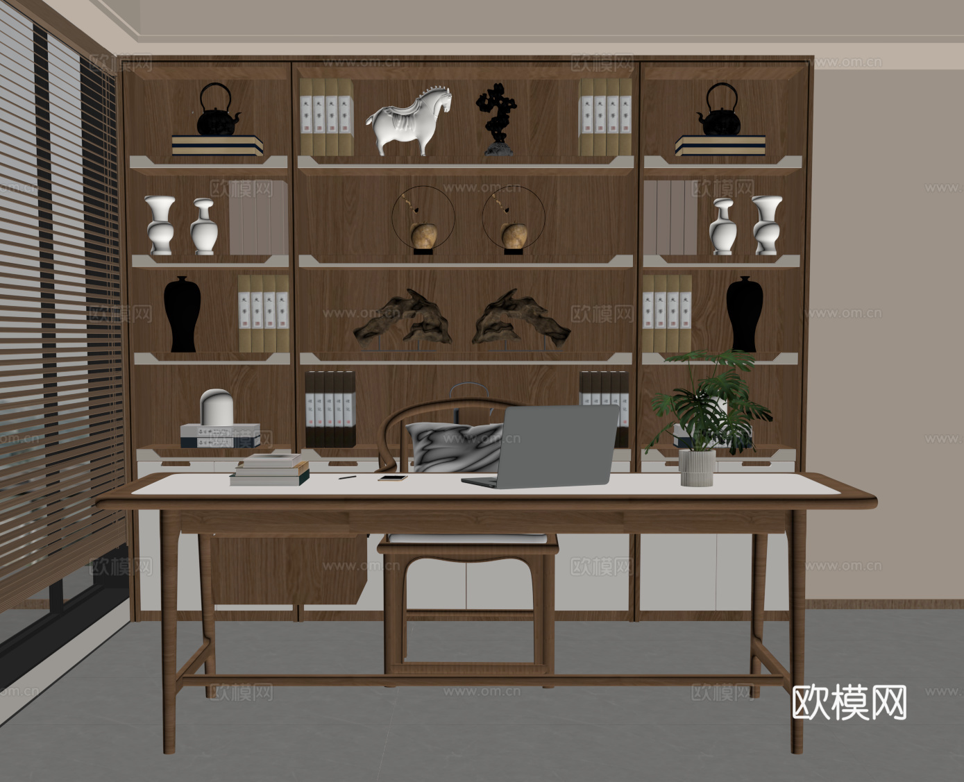 新中式书房 书桌椅 书柜su模型