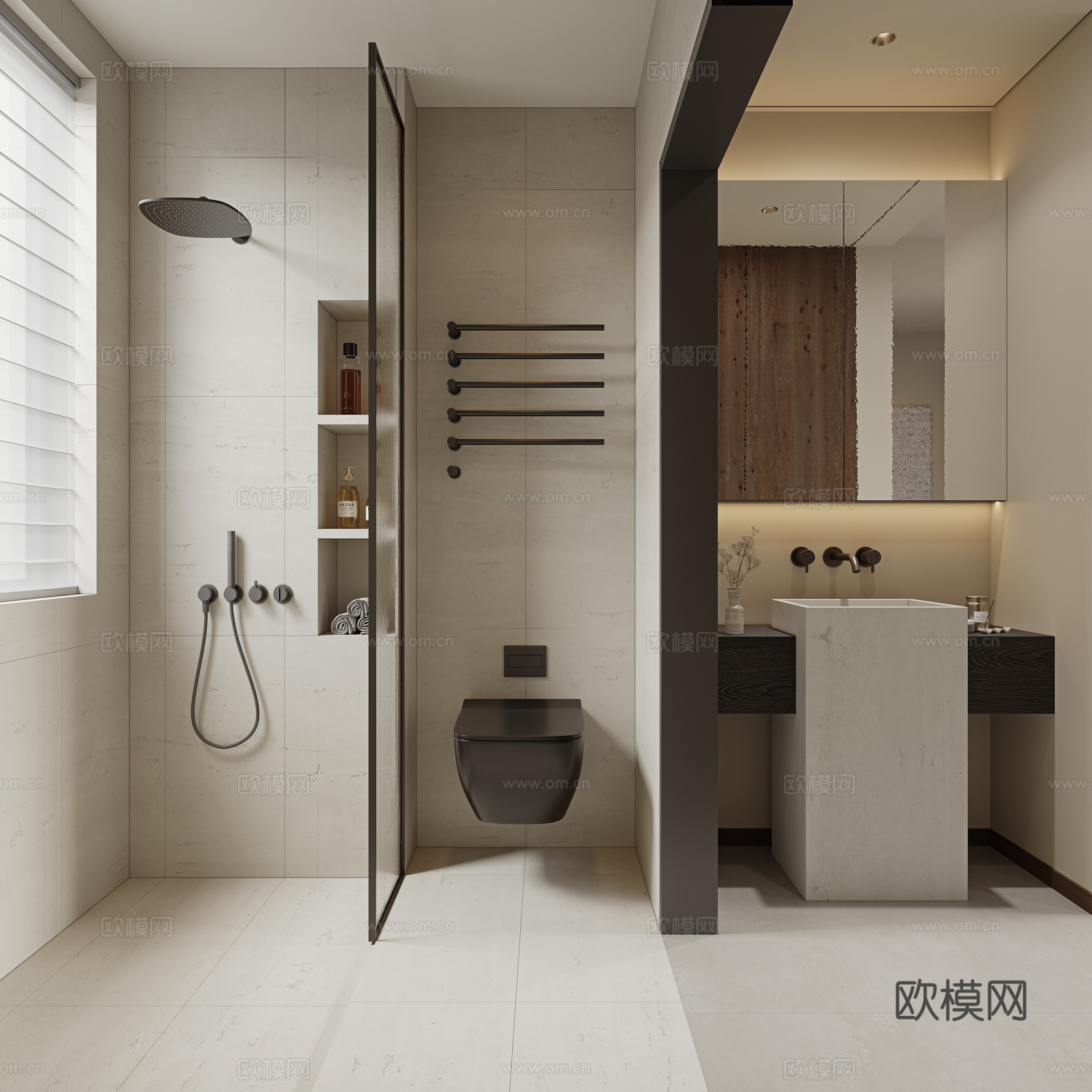 侘寂风卫生间 淋浴花洒 洗手盆 洞石台盆 浴室镜柜 壁挂马桶su模型