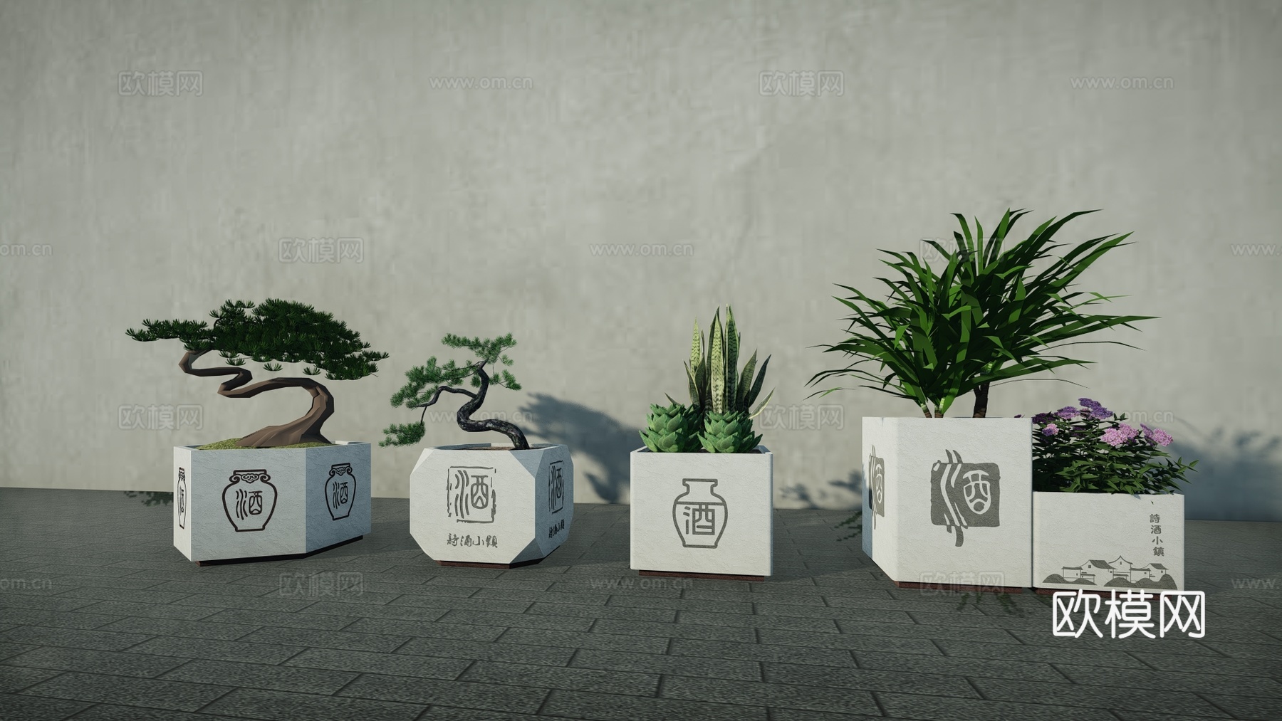 中式现代景观花箱新中式诗酒文化花草花箱石质外摆植物花箱su模型