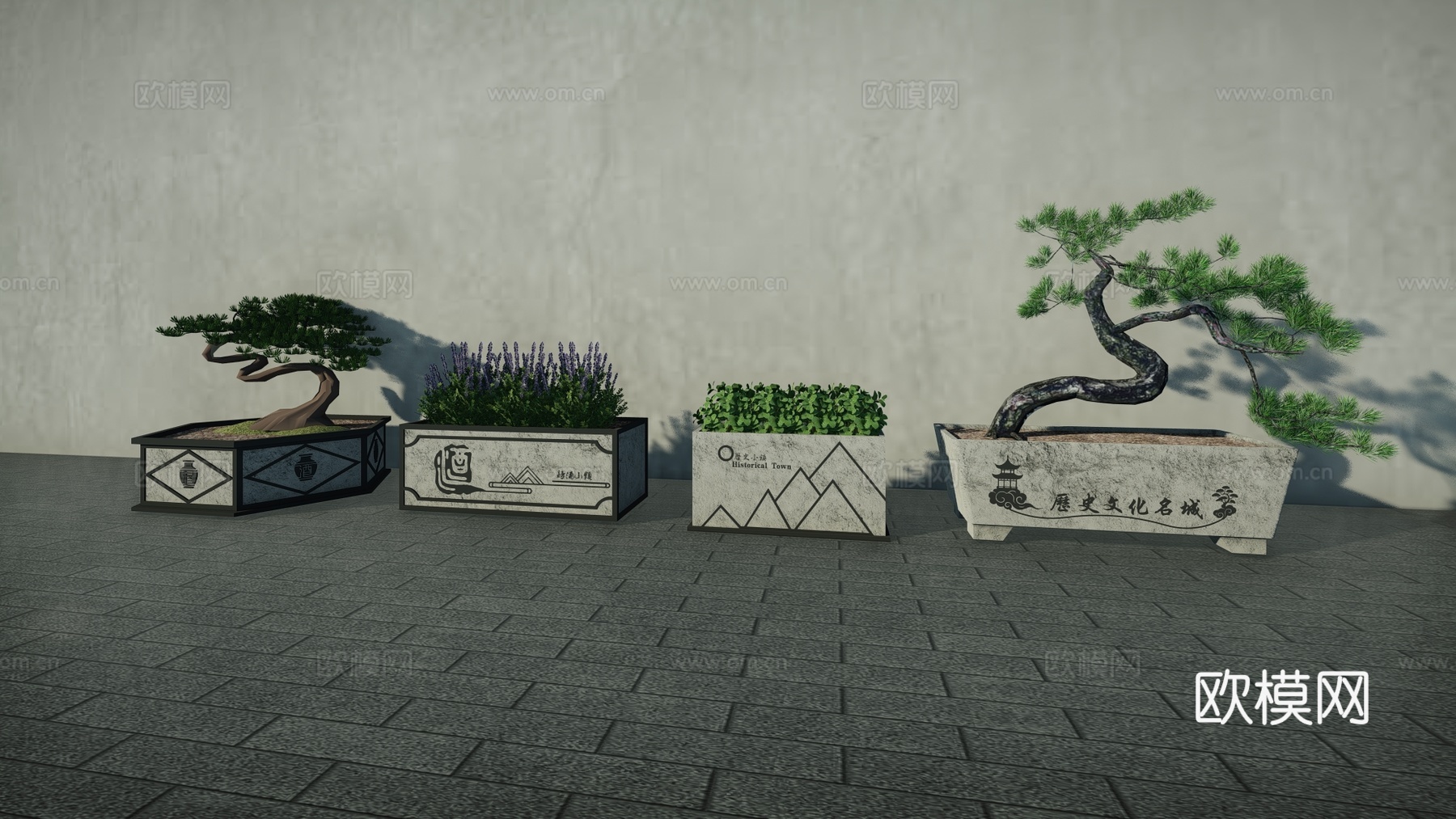 中式现代景观花箱新中式诗酒文化花草花箱石质外摆植物花箱su模型
