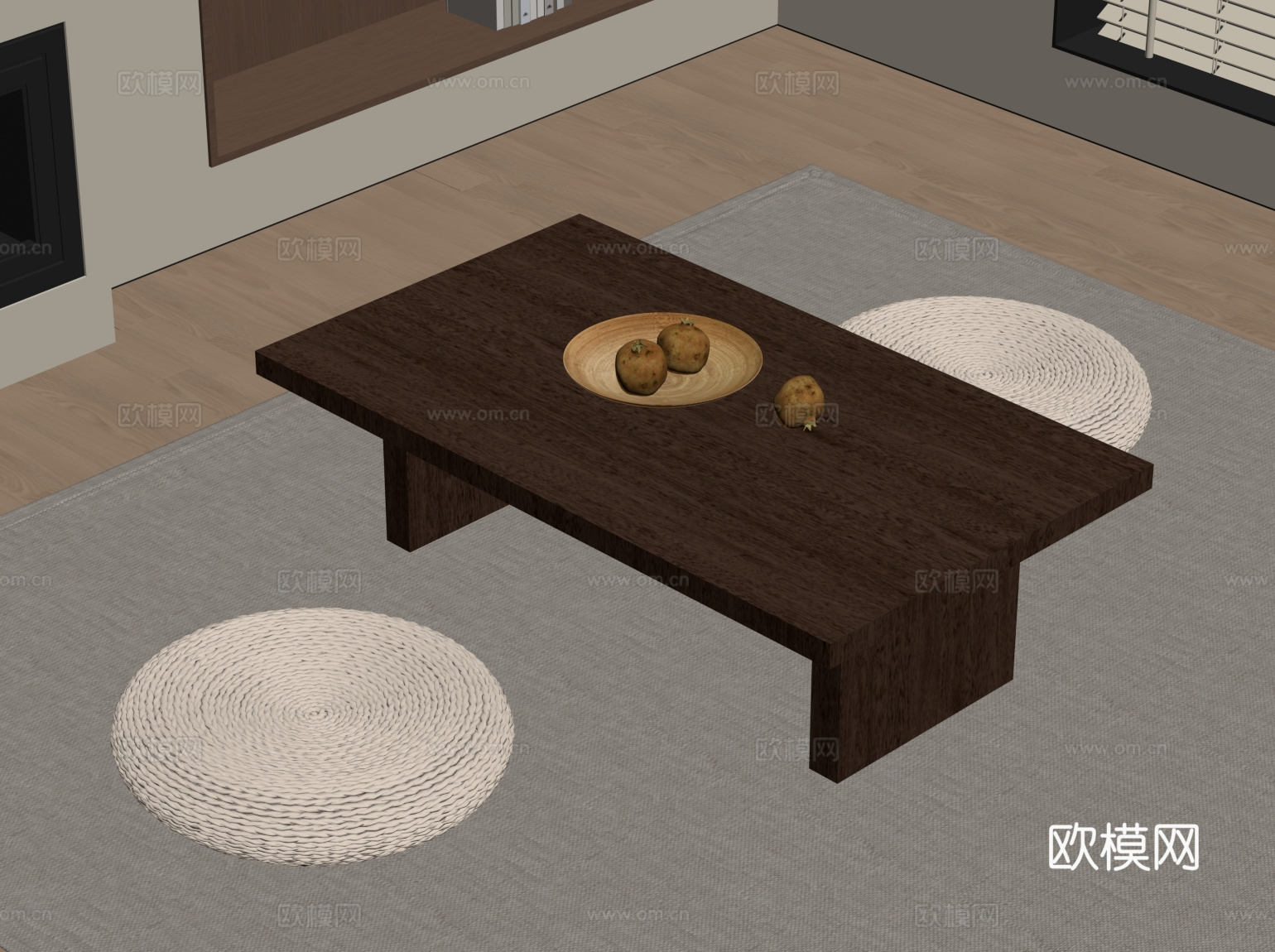 新中式榻榻米茶桌 蒲团坐垫su模型