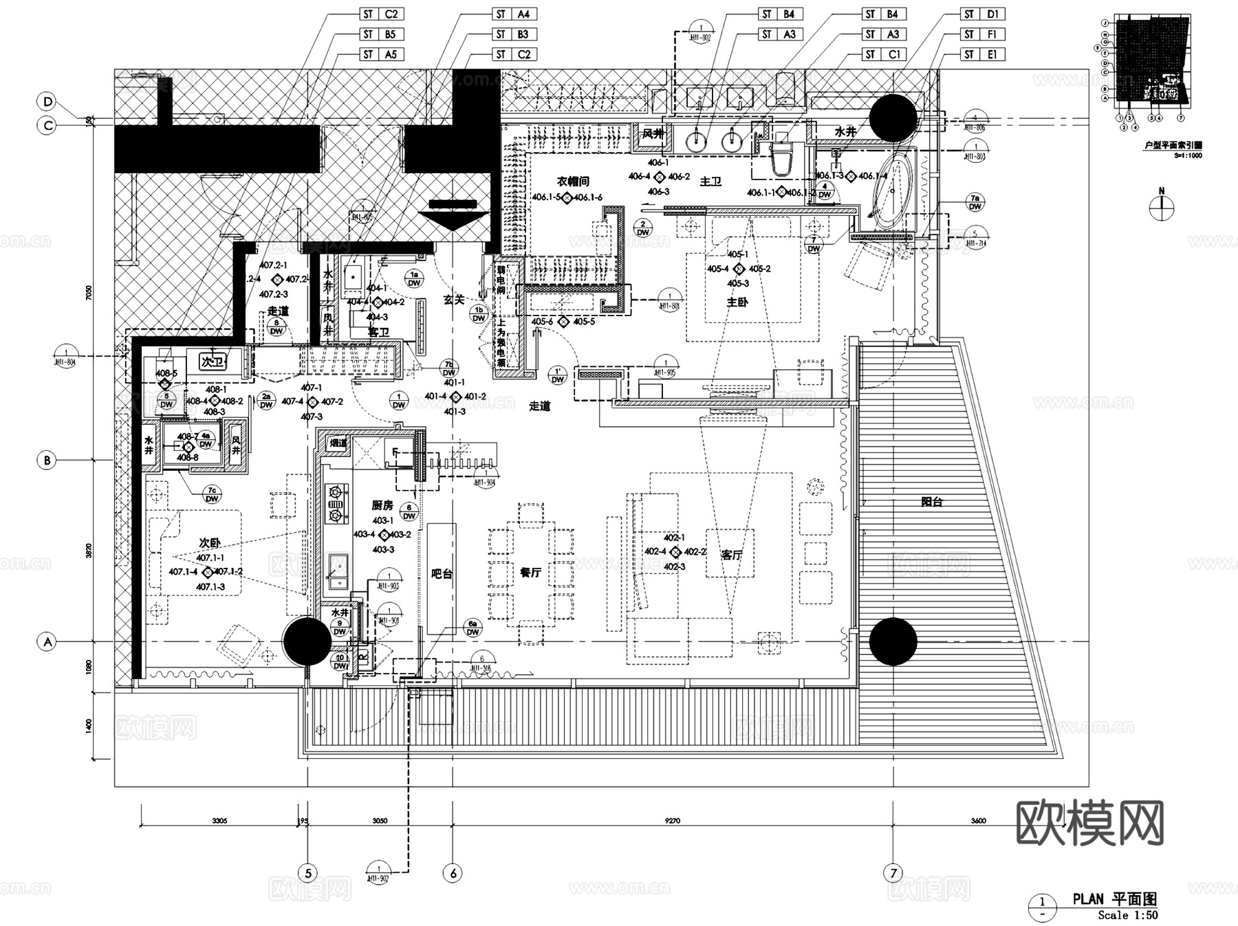 深圳湾壹号广场T5-6C户型室内家装CAD施工图整套cad施工图