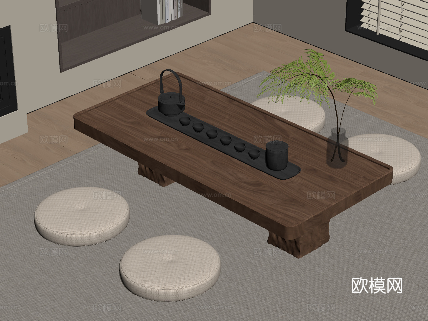 新中式茶桌椅 坐垫su模型