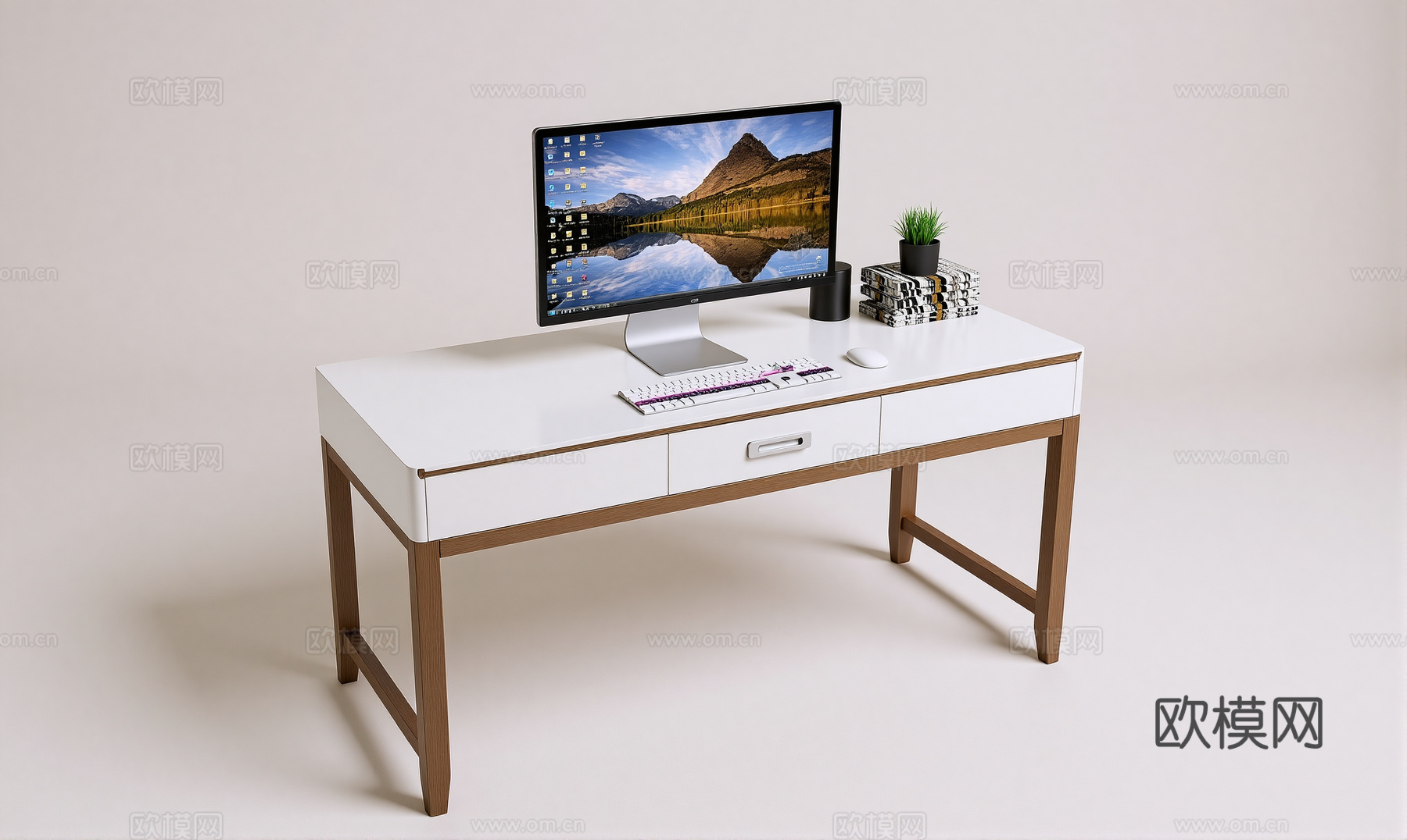 现代书桌椅 工作桌 书柜 摆件 书房su模型