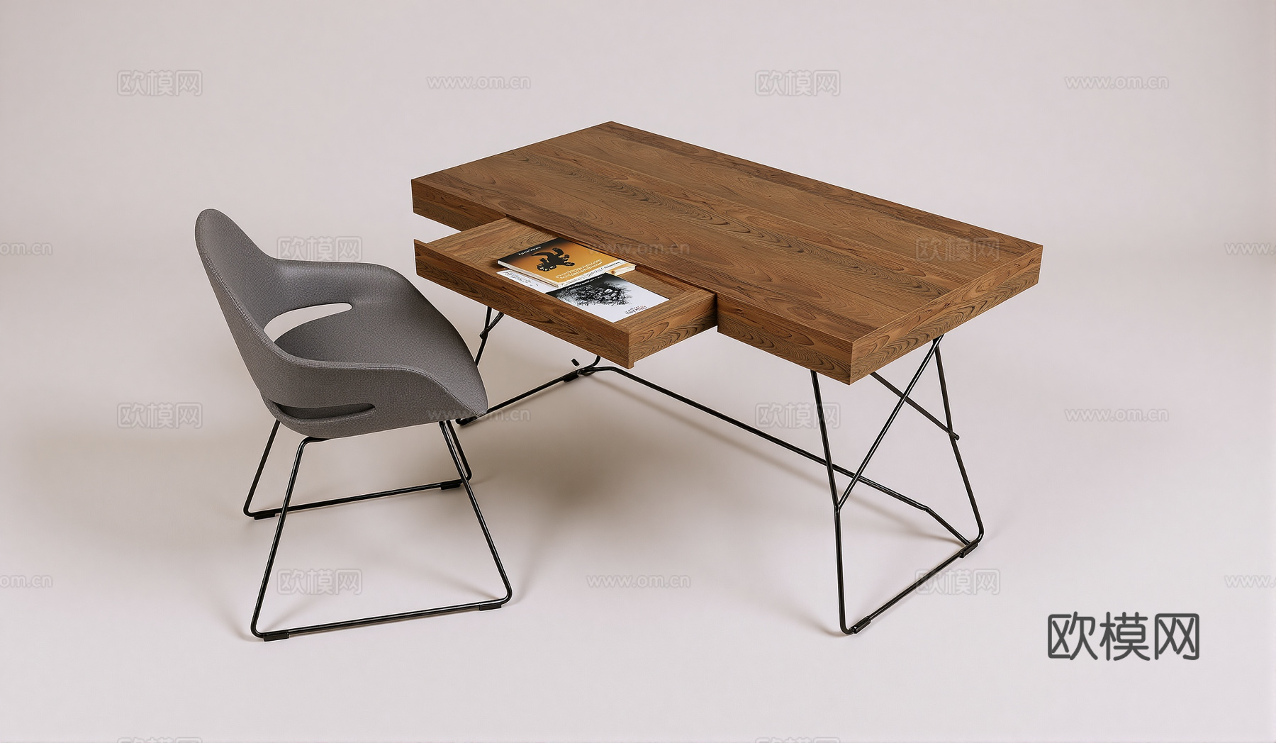 现代书桌椅 工作桌 书柜 摆件 书房su模型