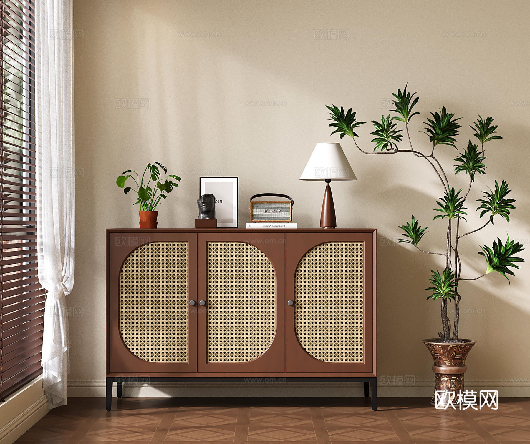侘寂中古风餐边柜 玄关柜 藤编柜门边柜su模型