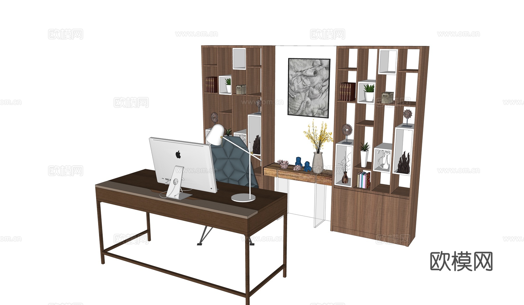 现代书桌 工作桌 书柜 摆件 书房su模型