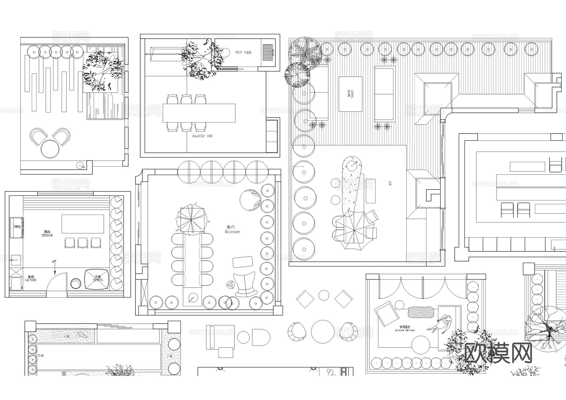 别墅庭院花园露台平面图cad施工图