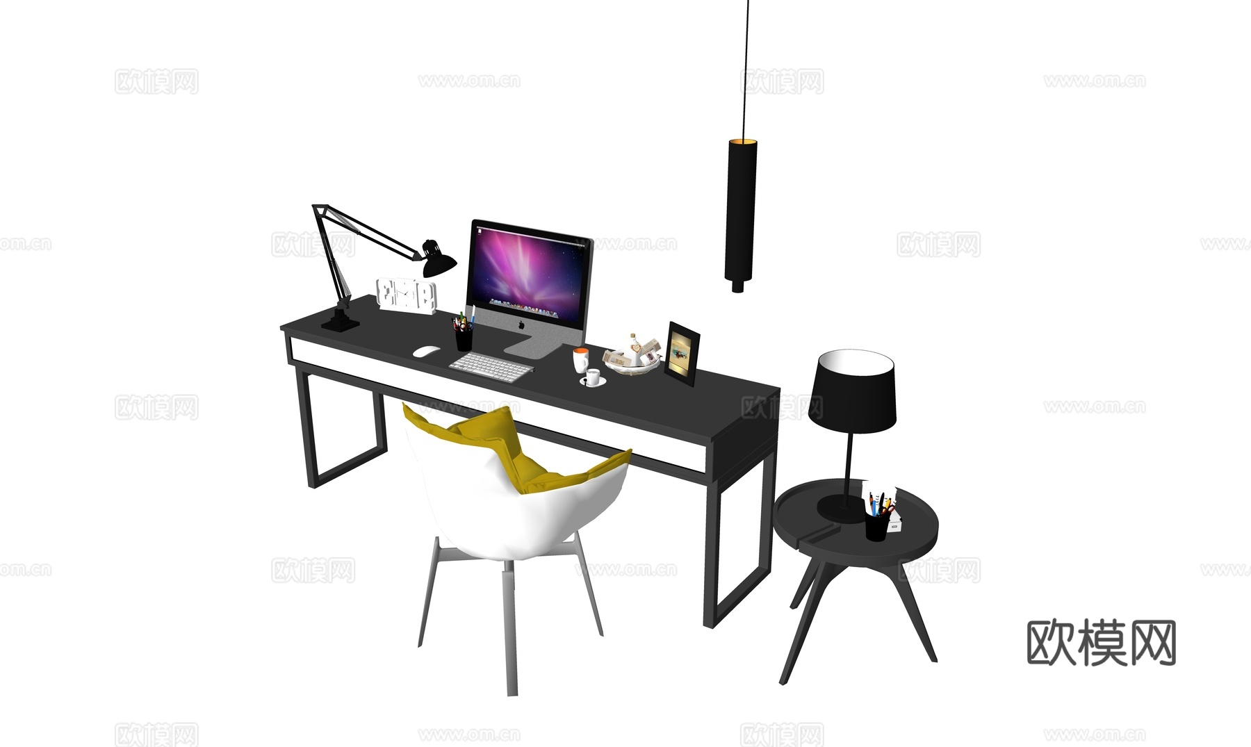 现代书桌椅 工作桌 书柜 摆件 书房su模型