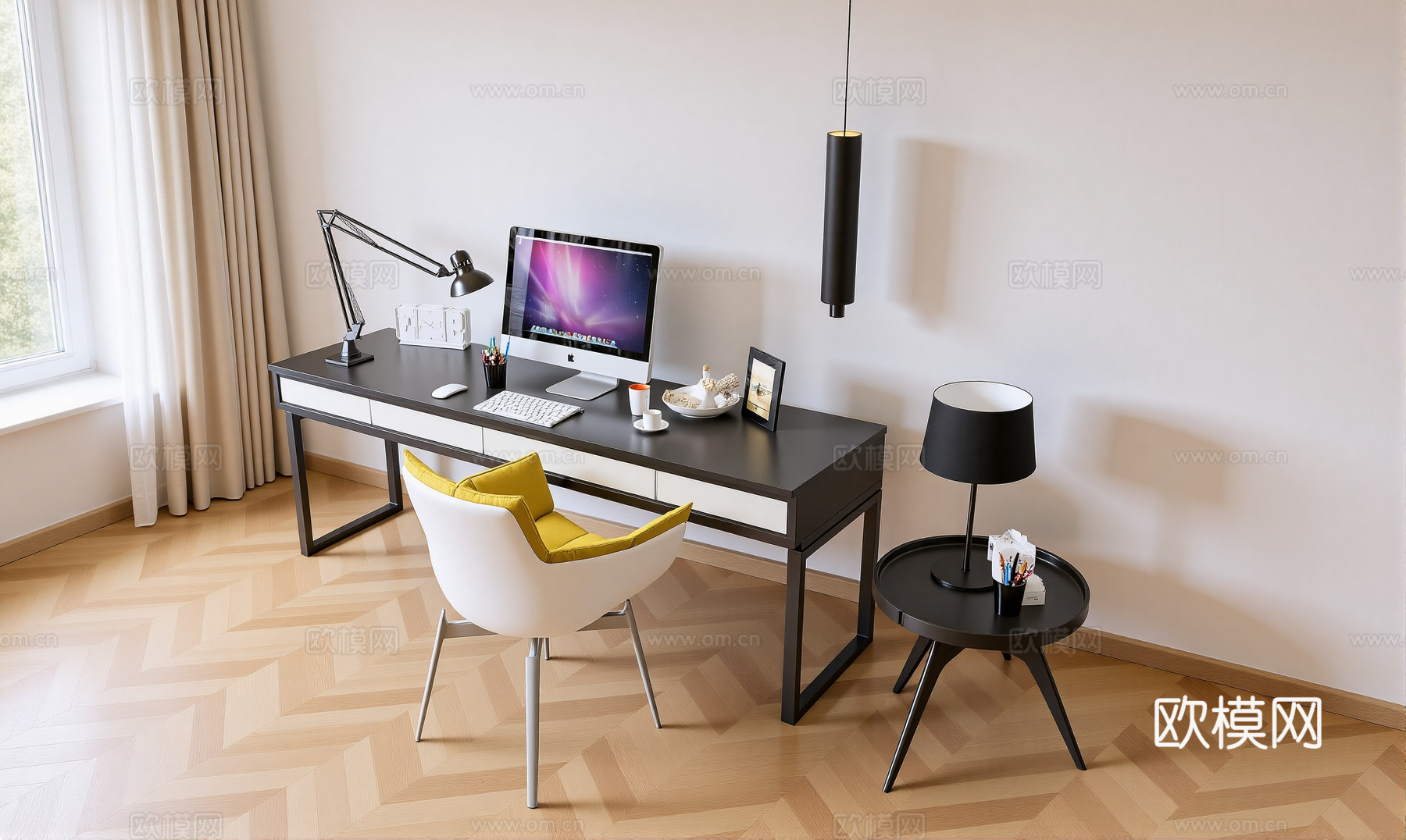 现代书桌椅 工作桌 书柜 摆件 书房su模型