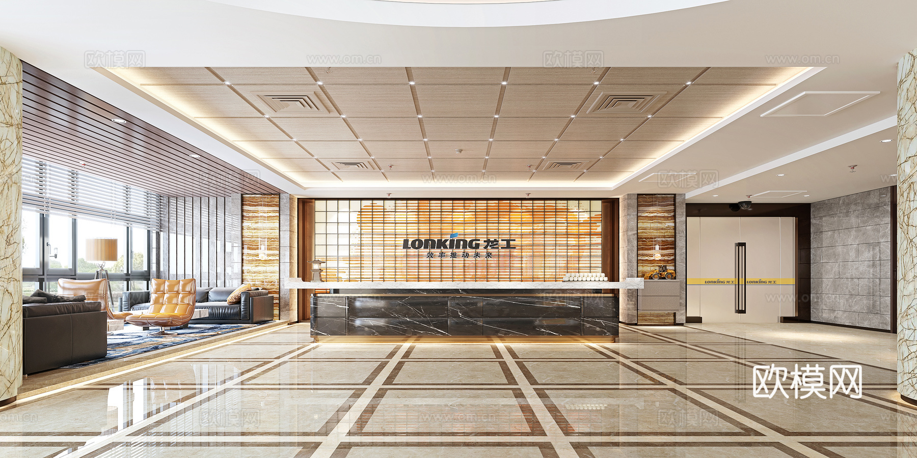 公司办公大厅 机械企业接待前台 休息区沙发 挖机模型3d模型下载（渲染图1）