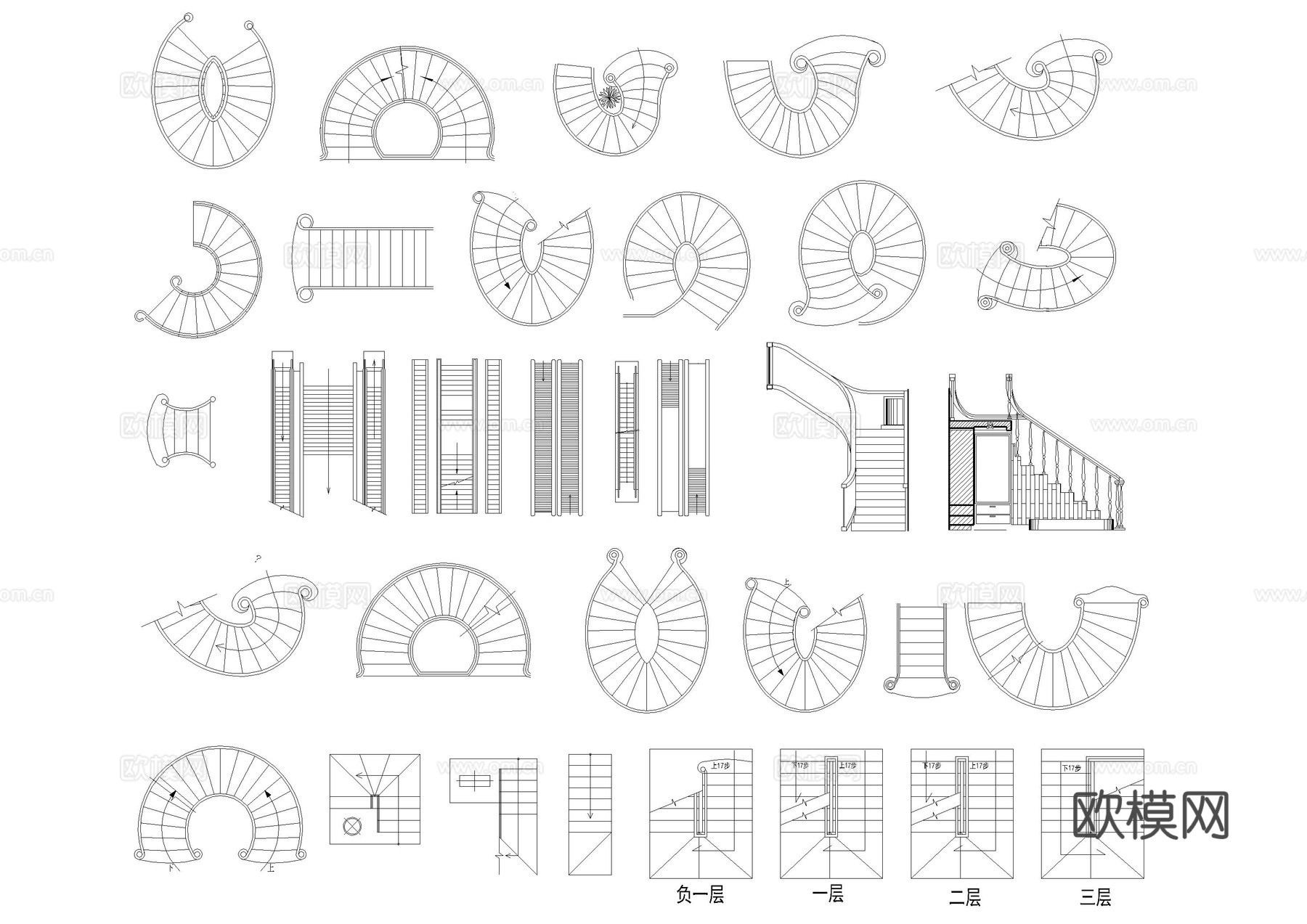 旋转楼梯异型楼梯CAD图库cad施工图