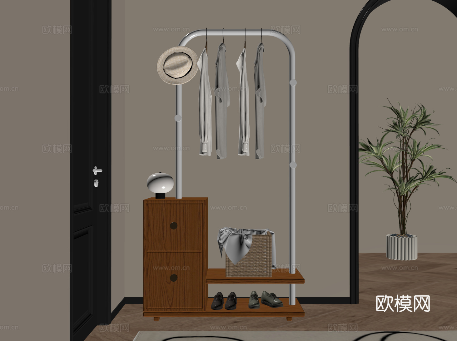 现代中古衣架 挂衣架 衣帽架 落地衣架su模型