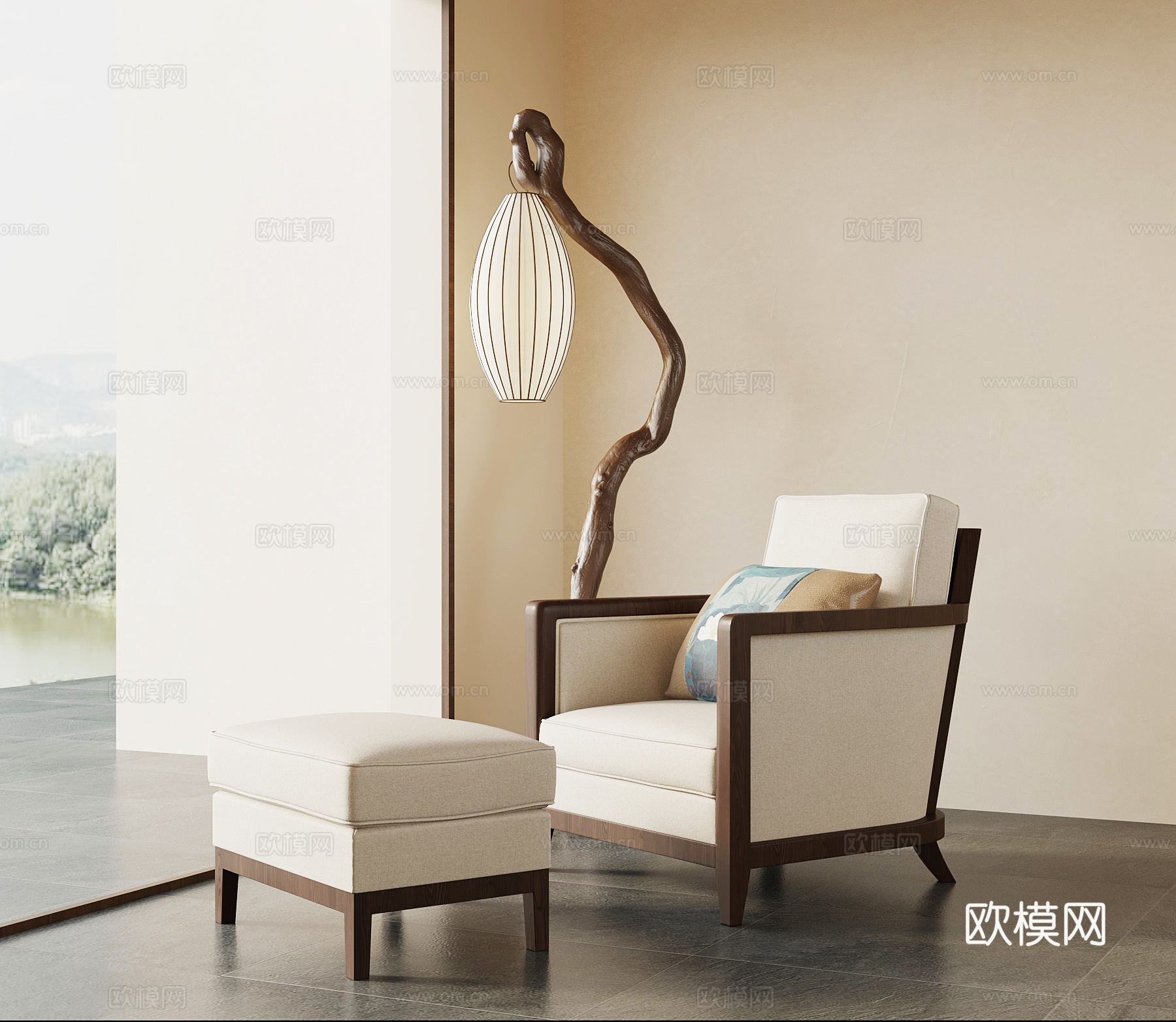 新中式休闲椅 落地灯 躺椅su模型