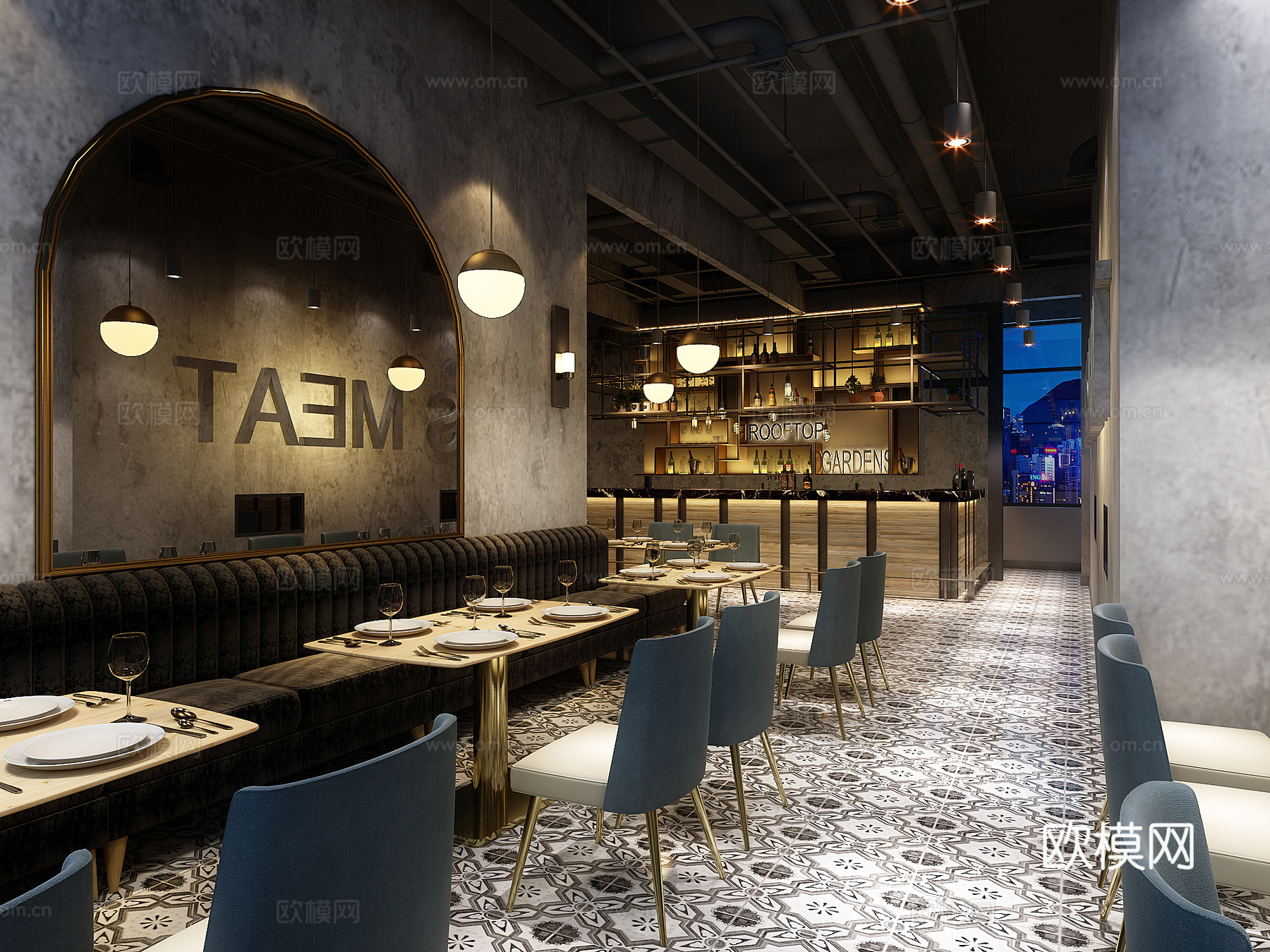 工业风西餐厅3d模型下载（渲染图2）
