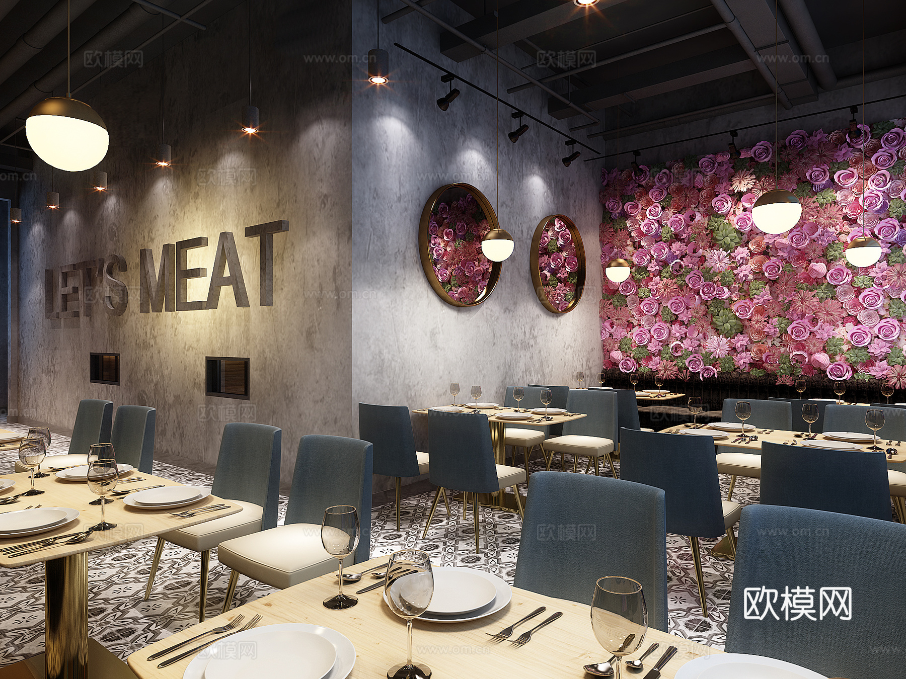 工业风西餐厅3d模型下载（渲染图1）
