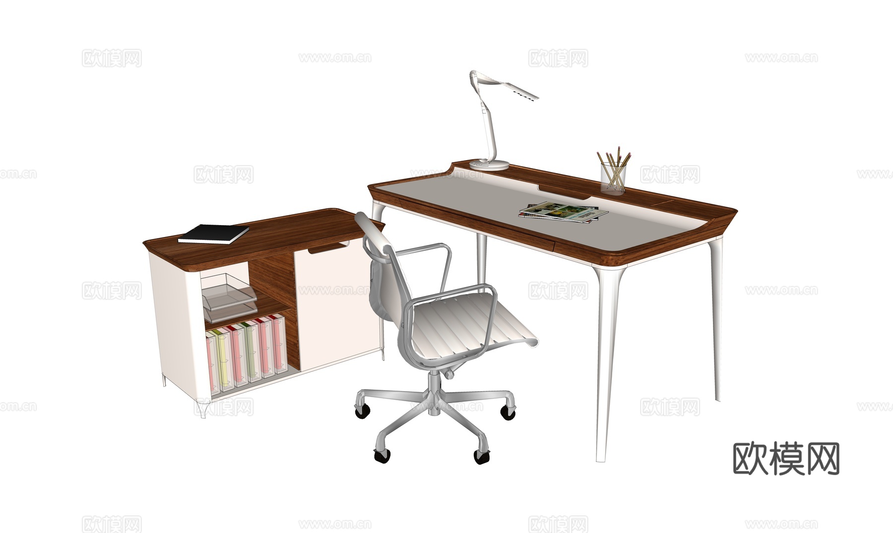 现代书桌椅 工作桌 书柜 摆件 书房su模型