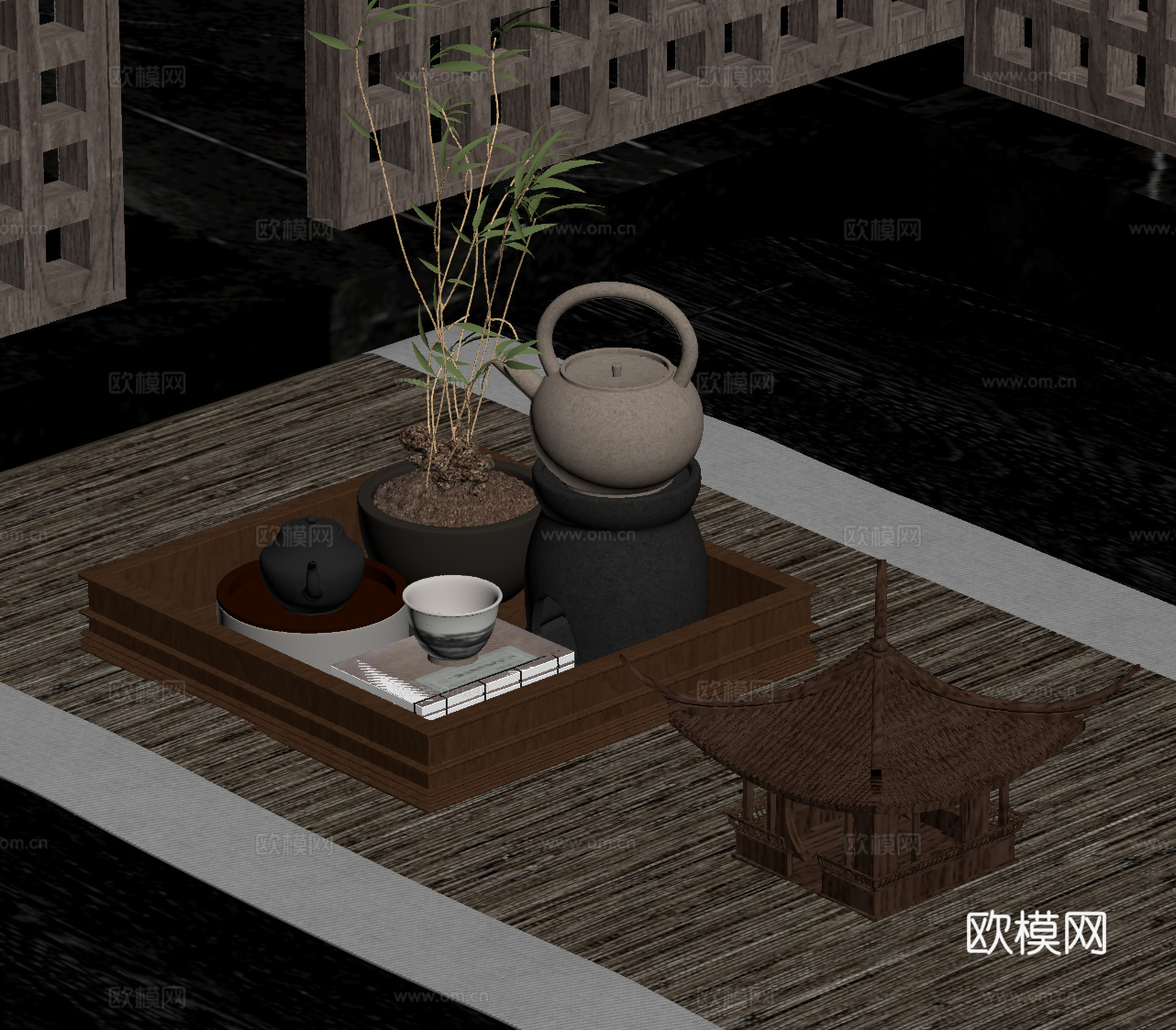 新中式茶具 摆件su模型