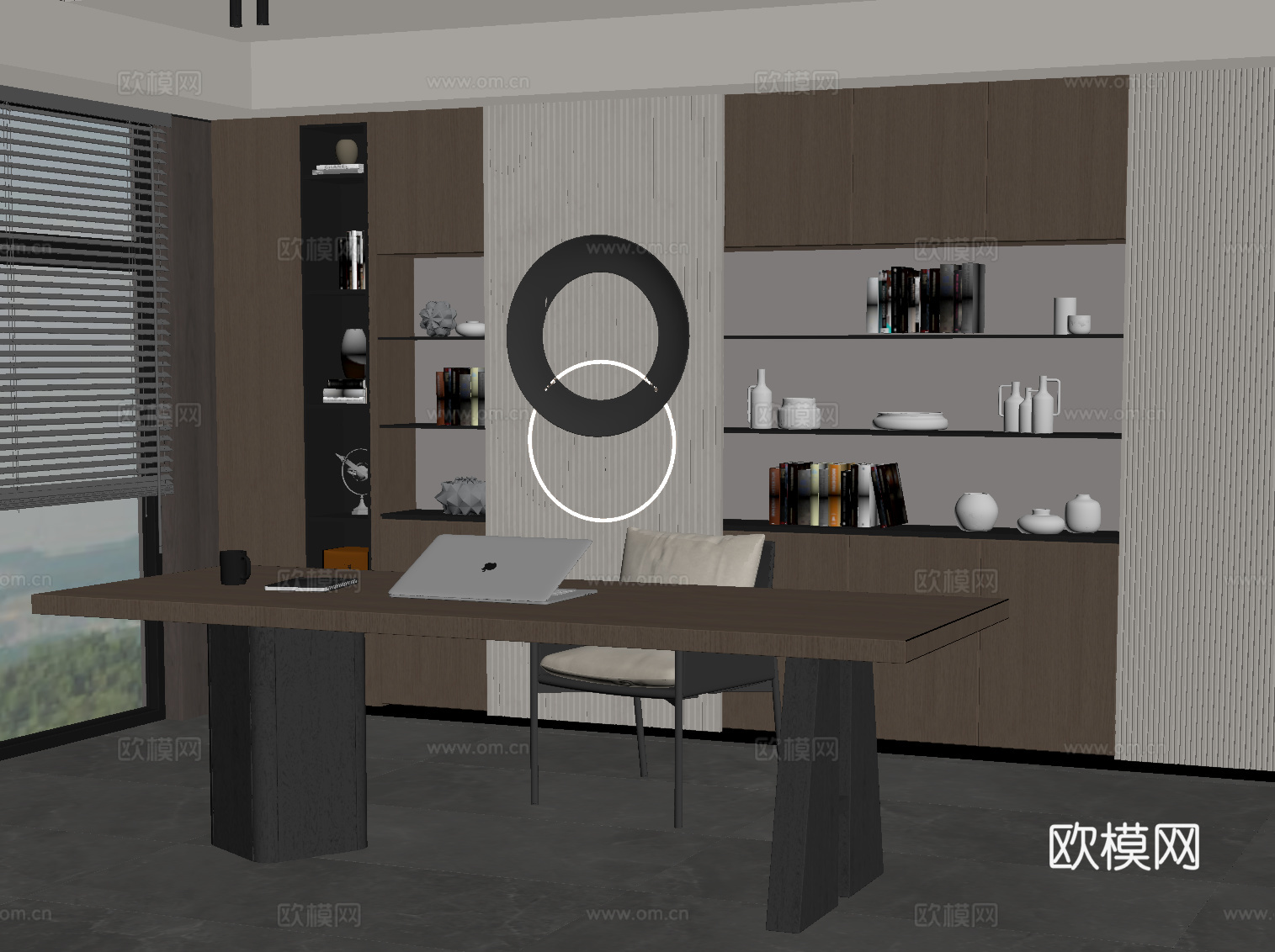 现代意式书房 书桌椅 书柜su模型