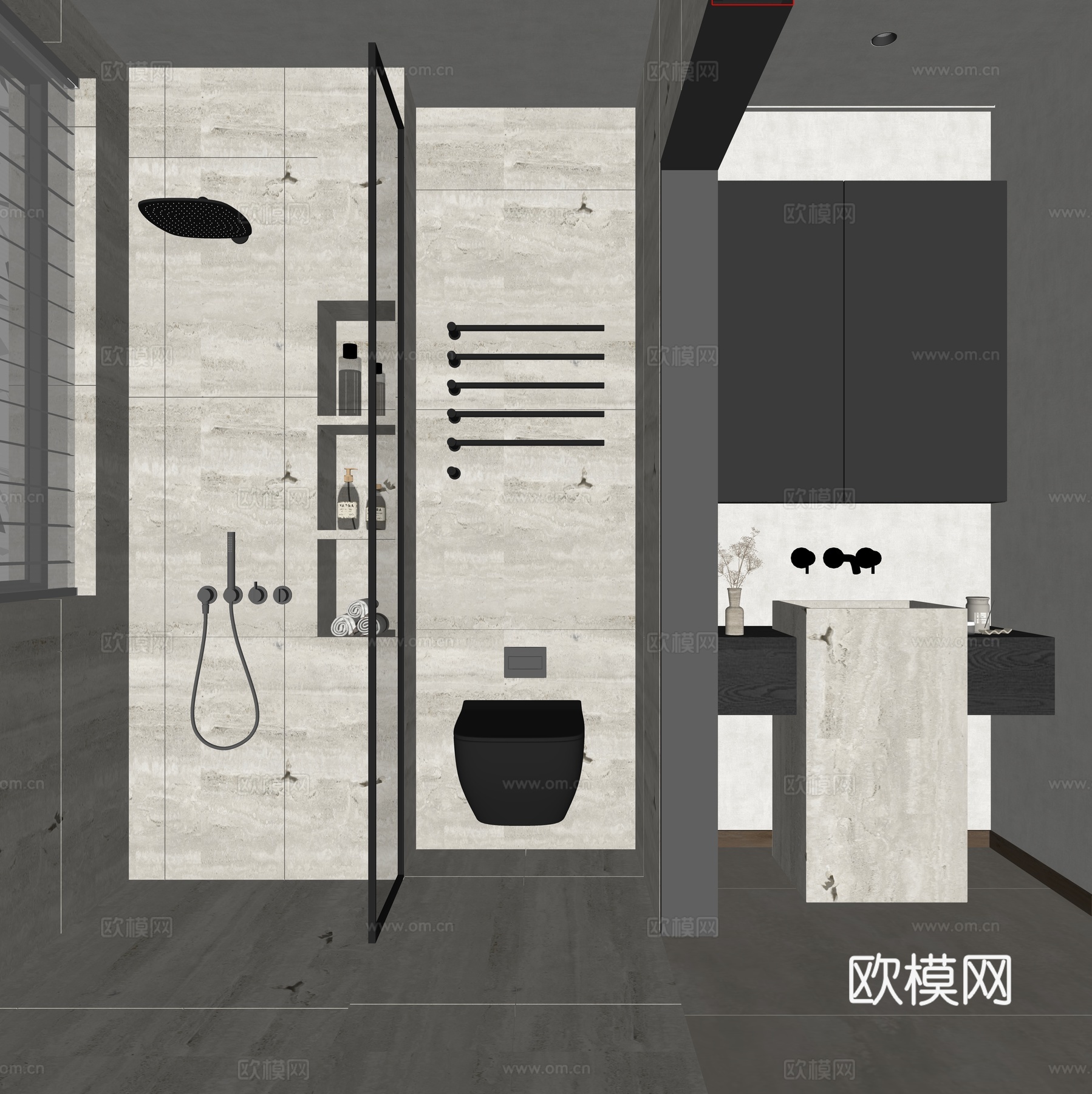 侘寂风卫生间 淋浴花洒 洗手盆 洞石台盆 浴室镜柜 壁挂马桶su模型