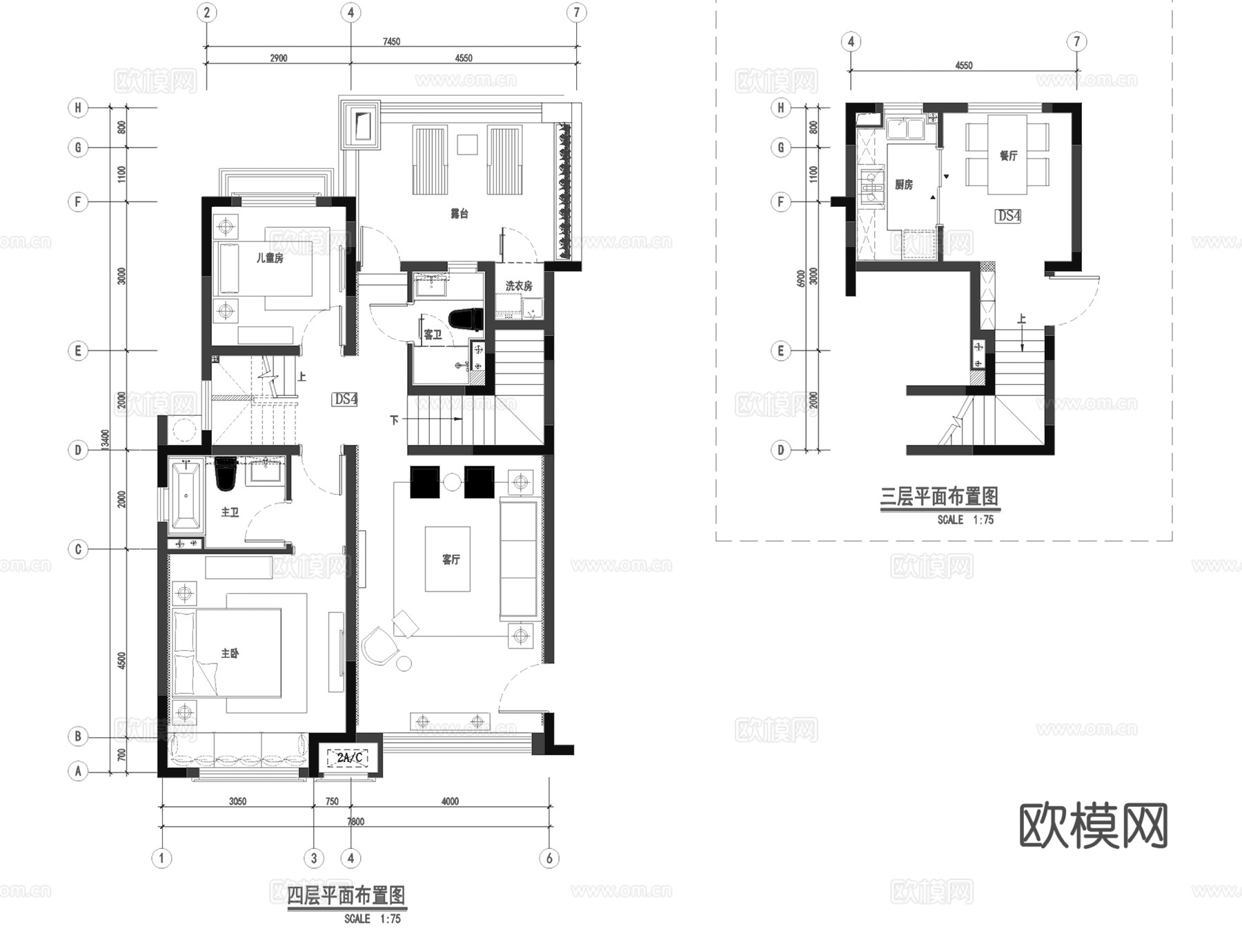 上海绿地启东B-07地块33#DS4复式样板间室内家装CADcad施工图