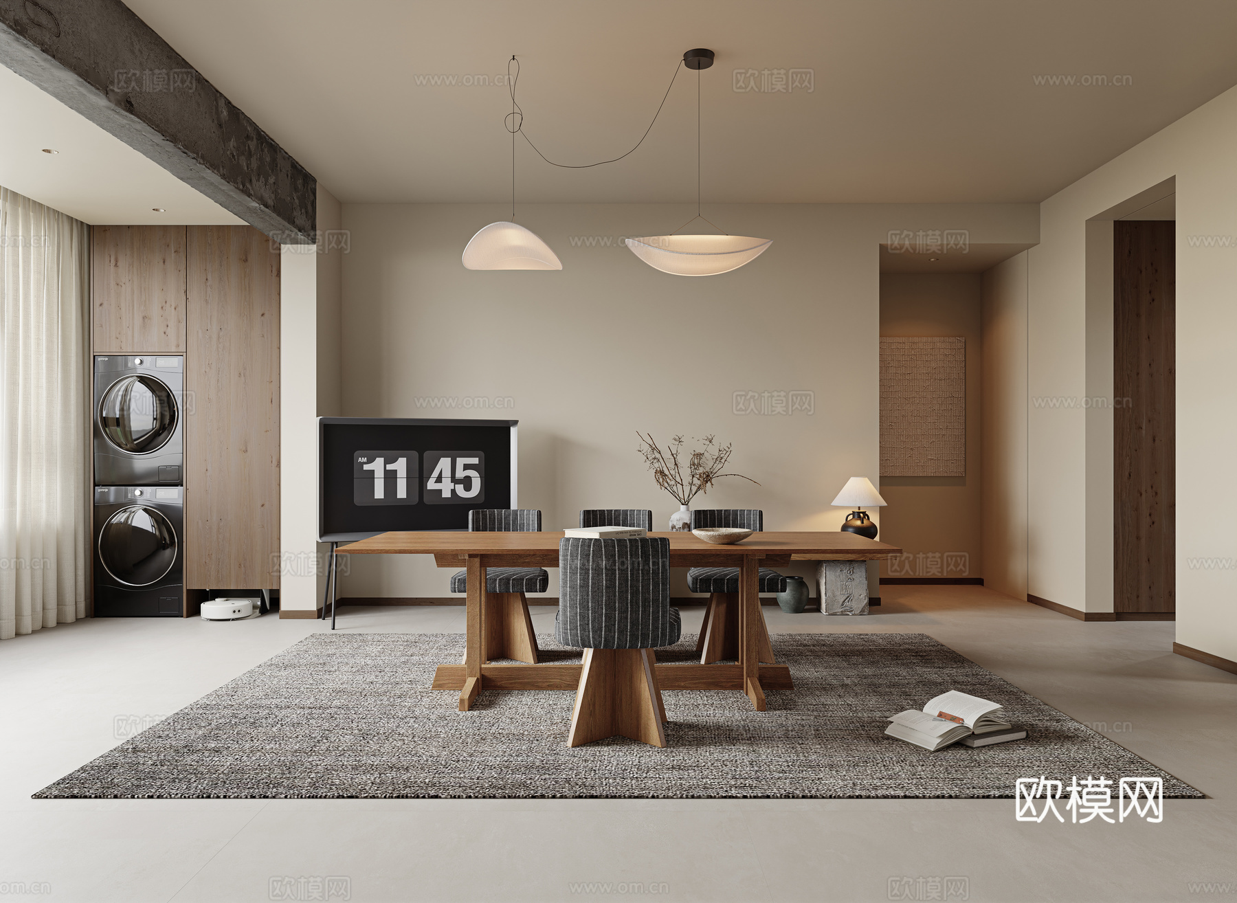 侘寂风餐厅 开放式餐厅 别墅餐厅 实木餐桌椅 可移动电视su模型