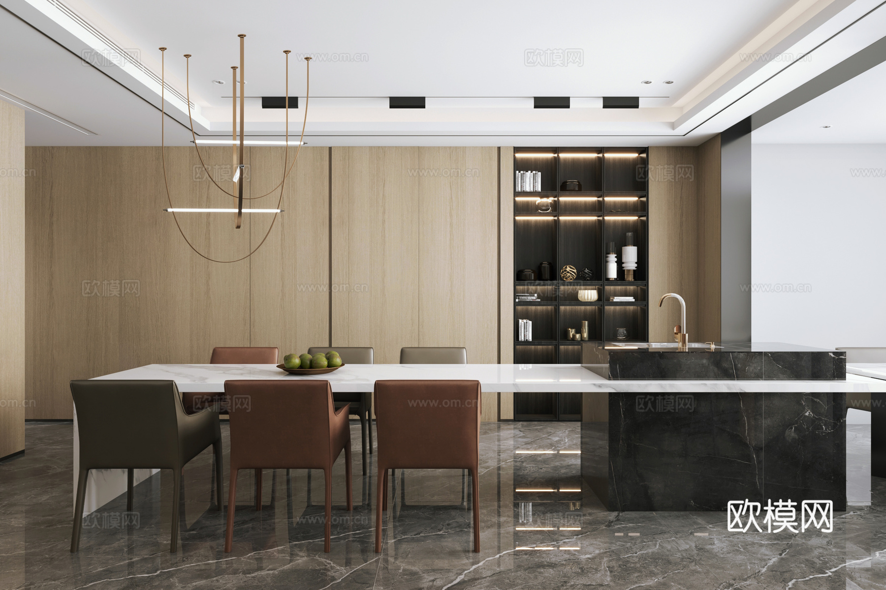 意式客餐厅厨房玄关3d模型下载（渲染图2）
